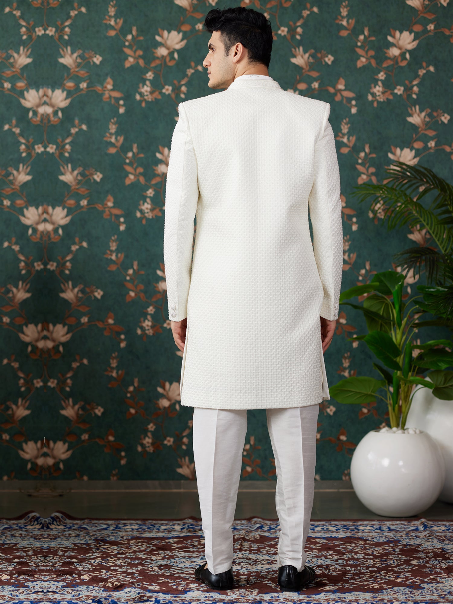 Off White Embroidered Indowestern With Long Jacket