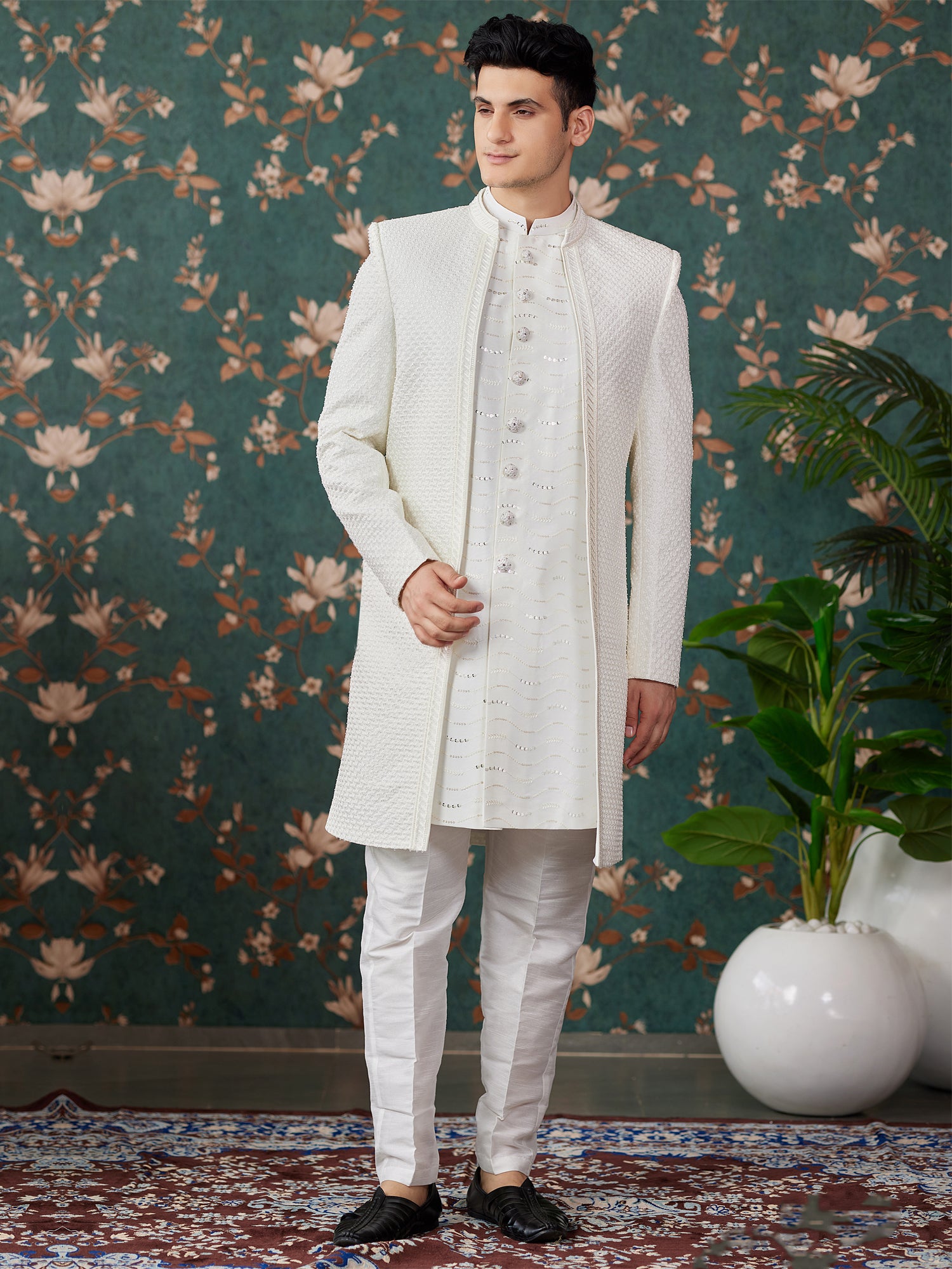 Off White Embroidered Indowestern With Long Jacket