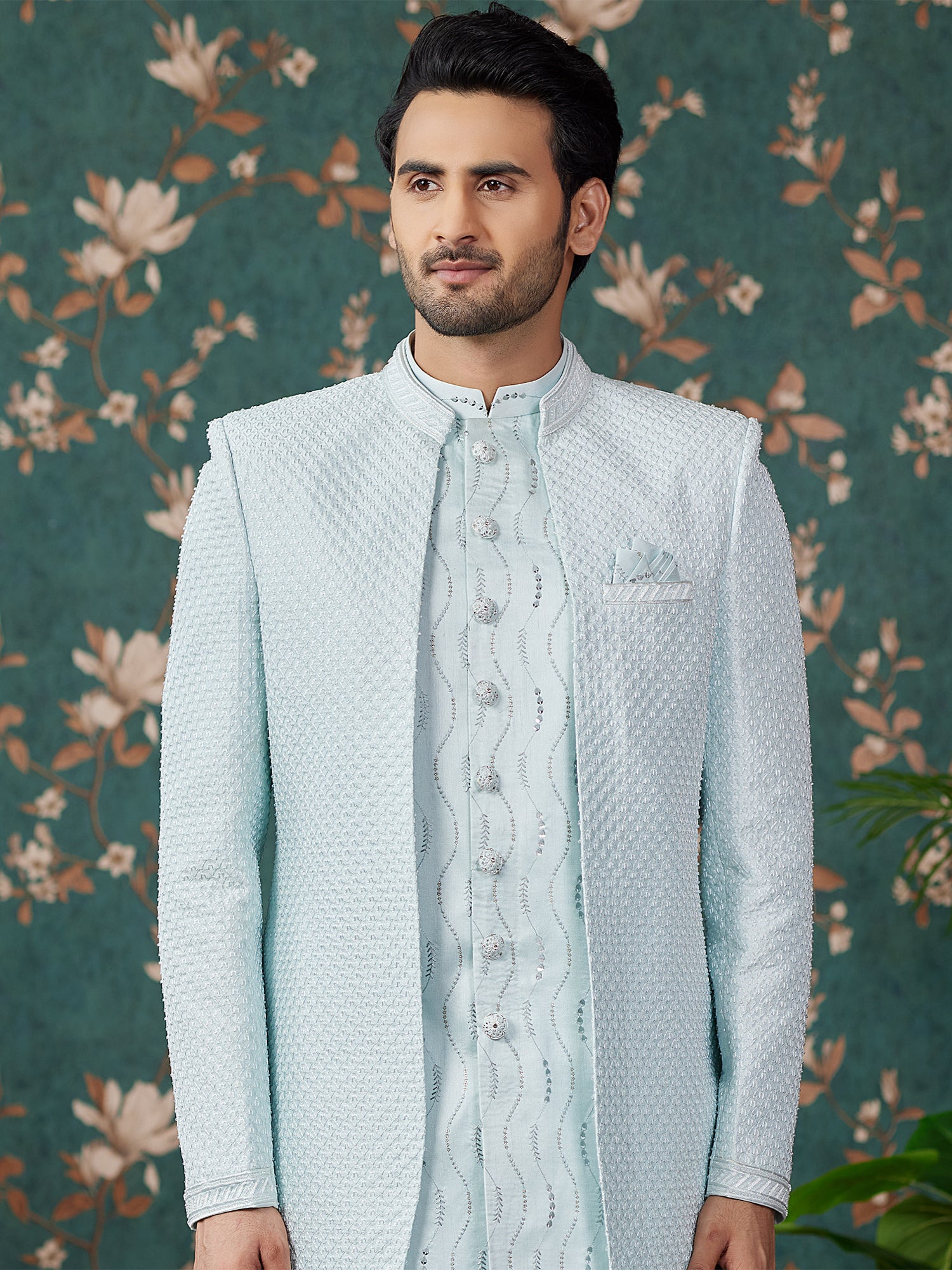 Blue Thread Augmented Jacketed Style Indowestern Set