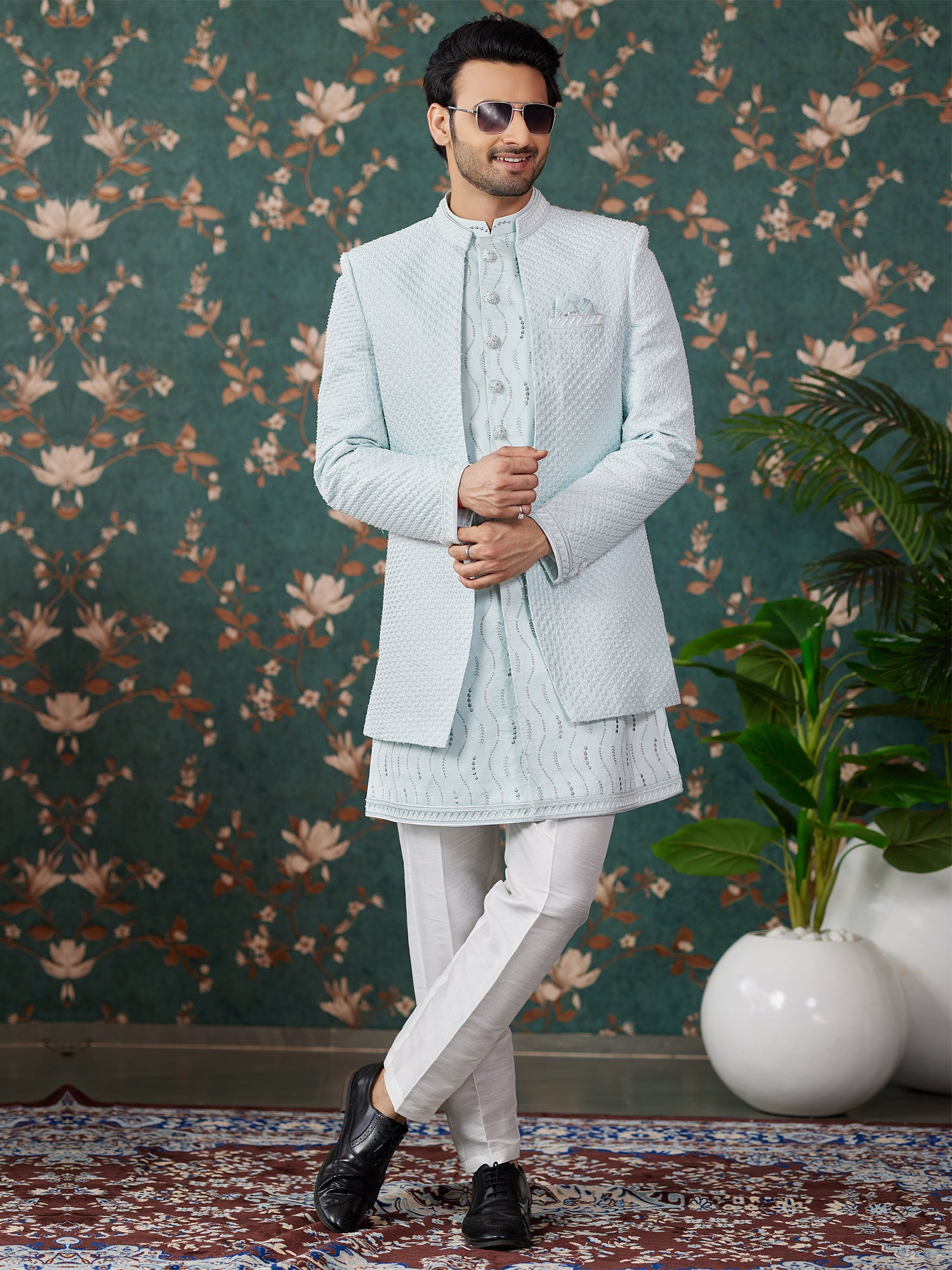 Blue Thread Augmented Jacketed Style Indowestern Set