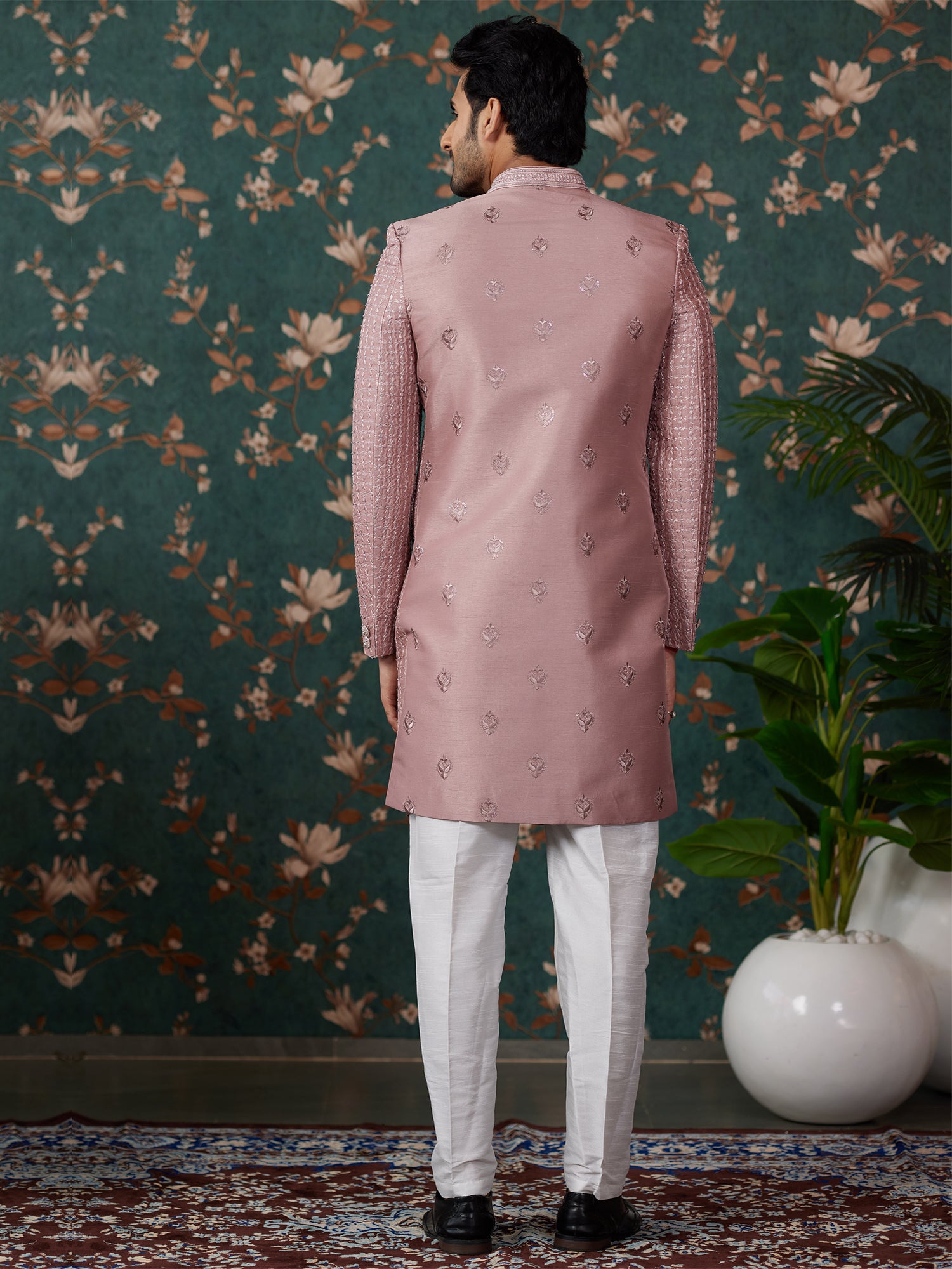Mauve Thread Work Men's Indowestern Set In Art Silk