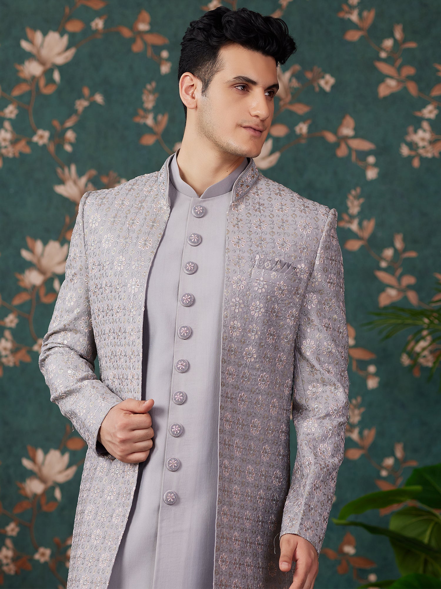 Silver Grey Sequins Embellished Wedding Indo Western