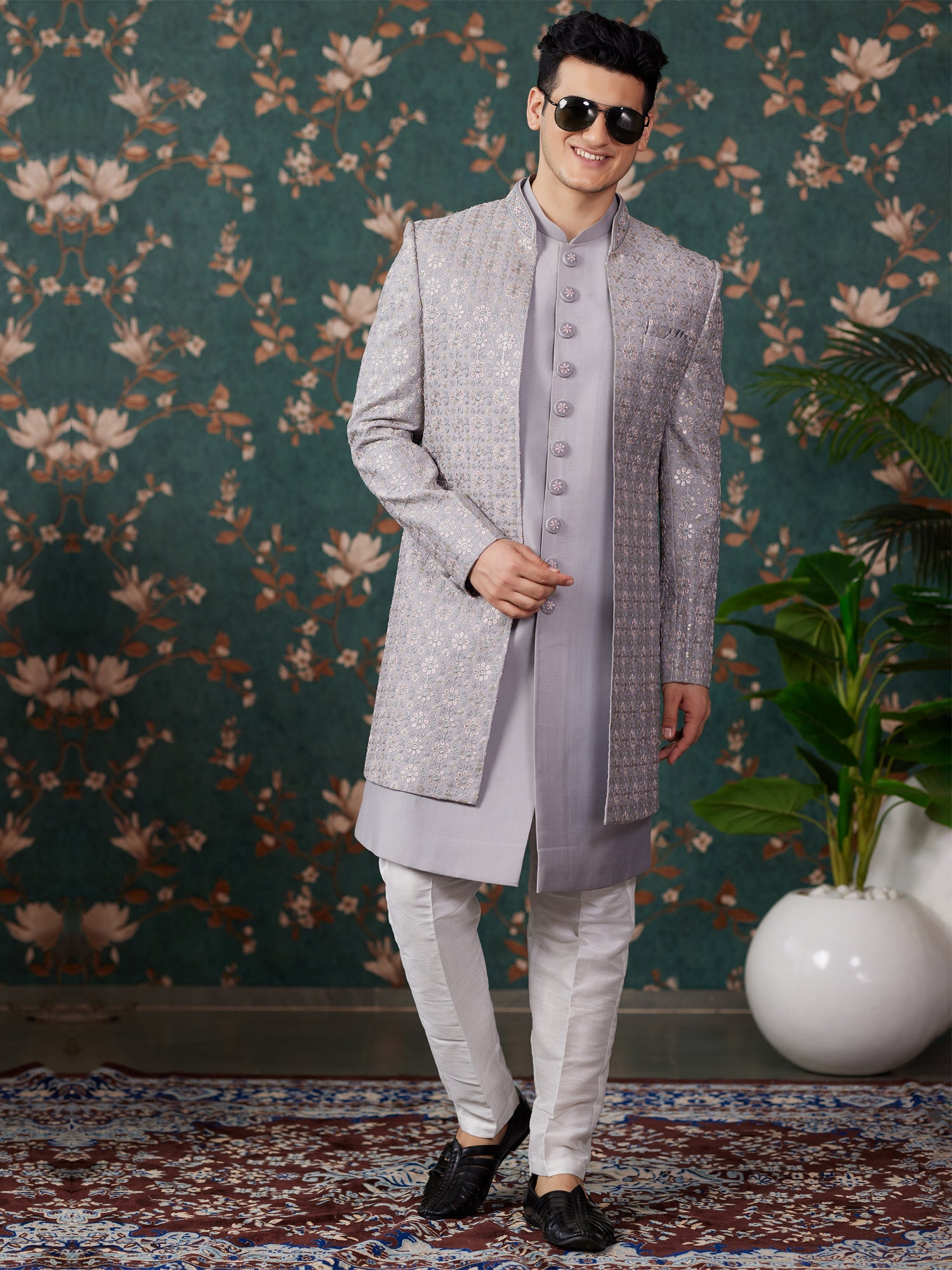 Silver Grey Sequins Embellished Wedding Indo Western
