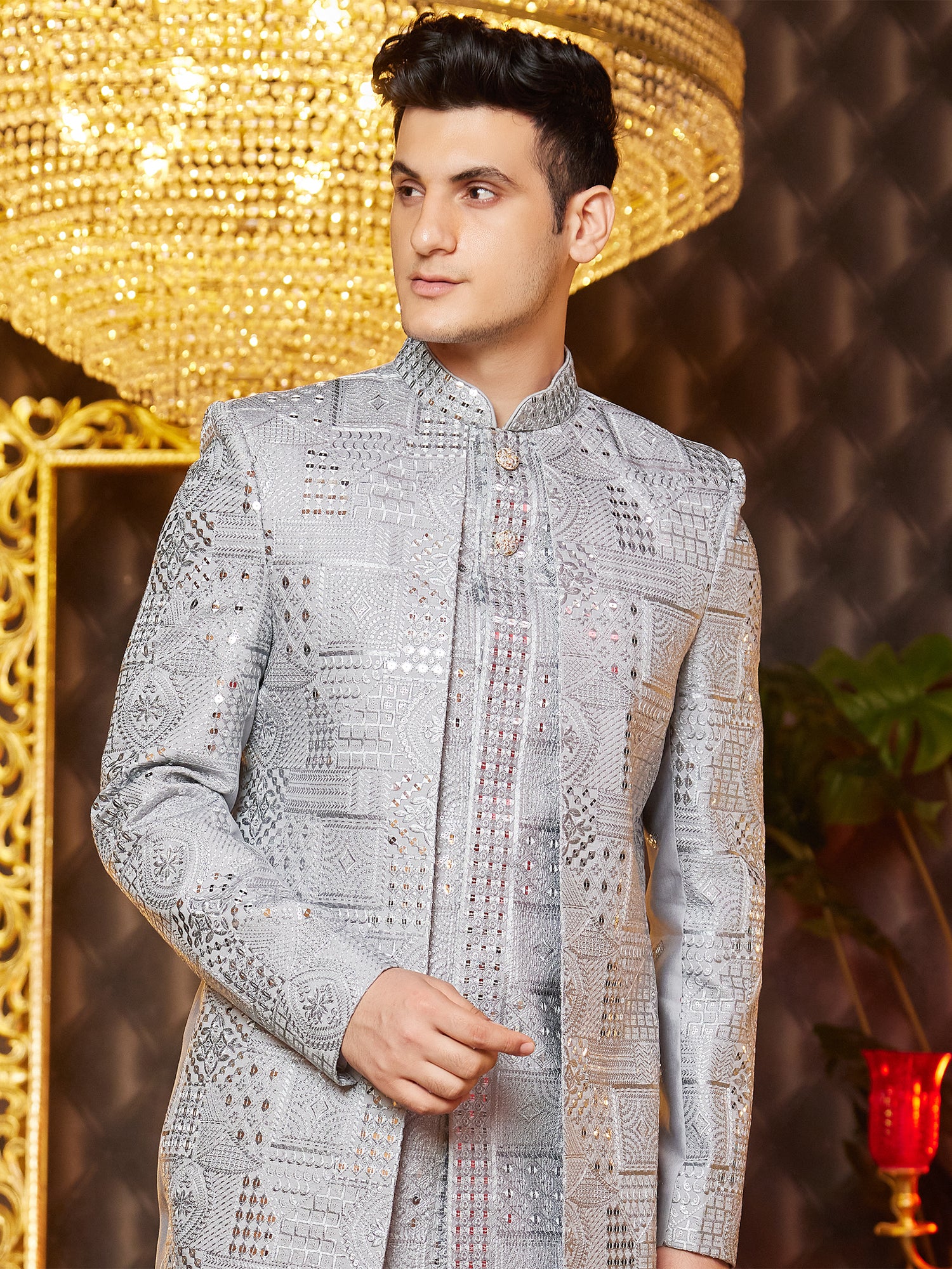 Grey Heavy Sequins Embroidered Indowestern Set