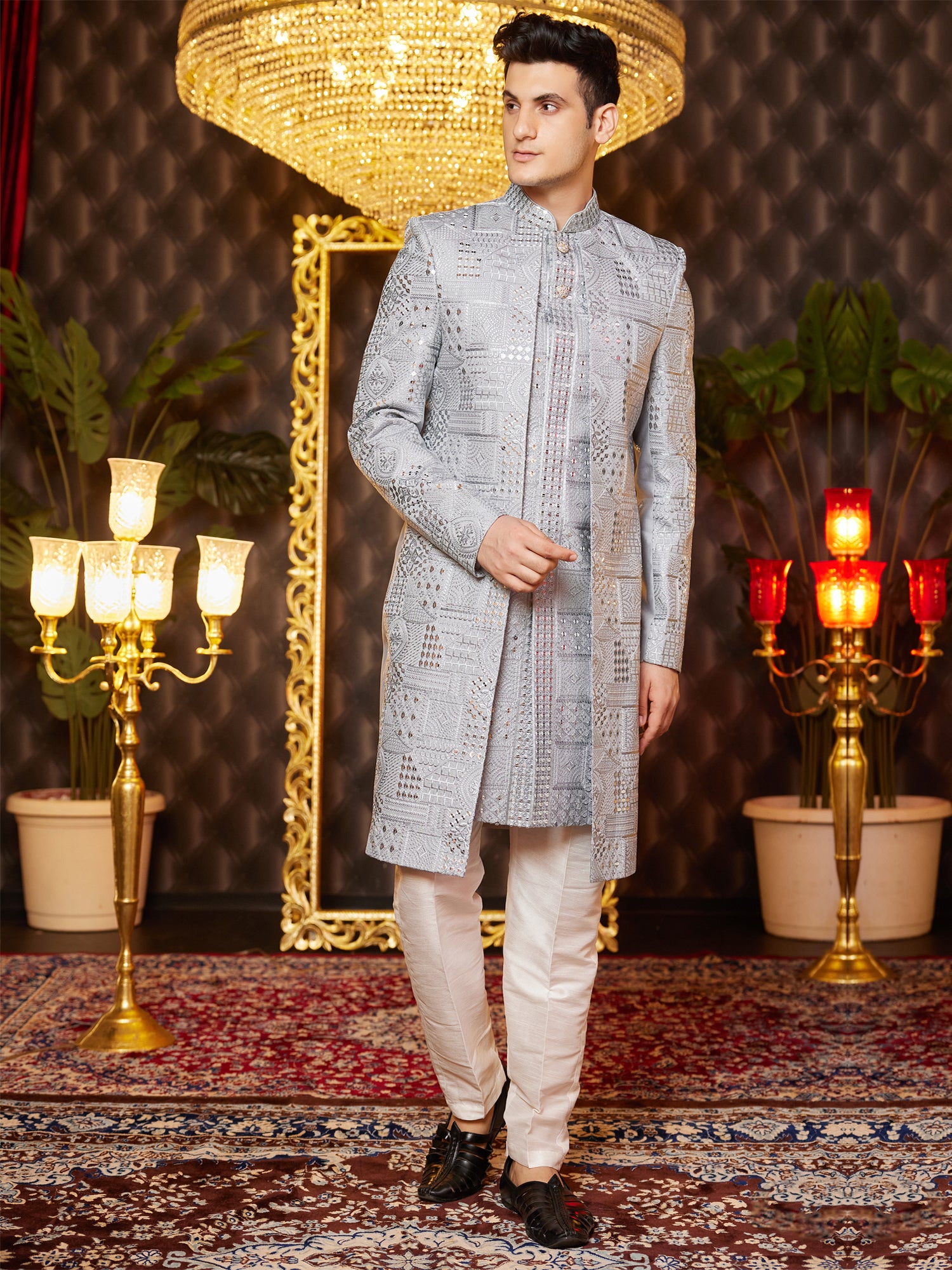 Grey Heavy Sequins Embroidered Indowestern Set