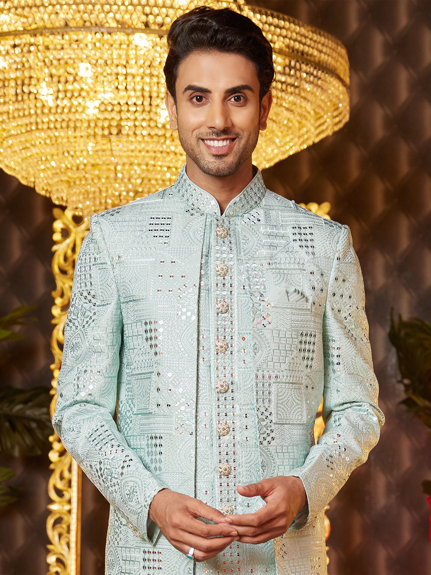 Turquoise Thread Embellished Indowestern For Men