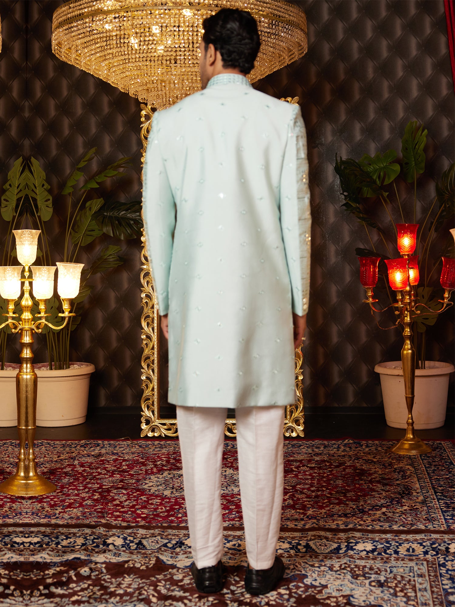 Turquoise Thread Embellished Indowestern For Men