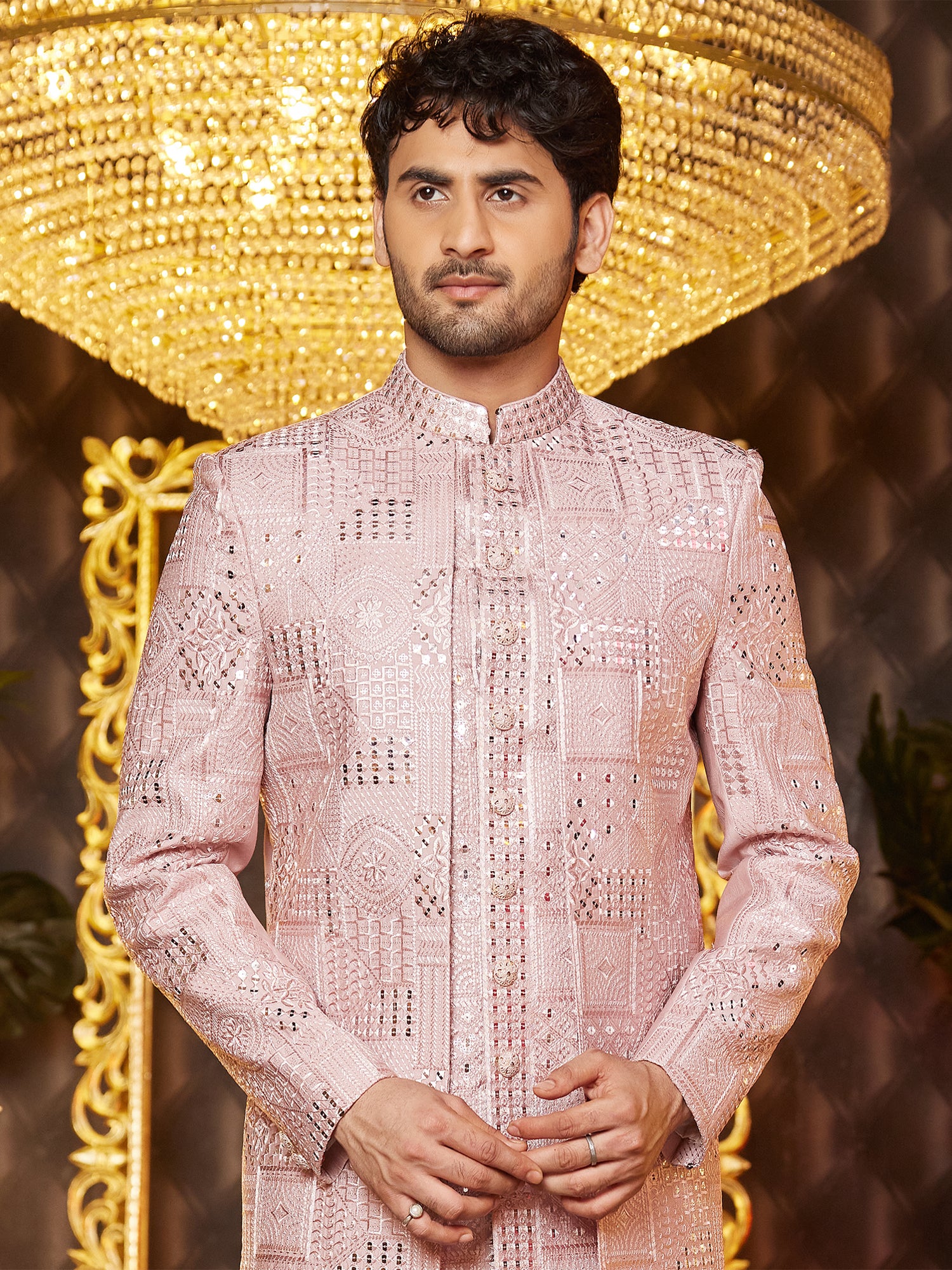 Light Pink Men's Indowestern In Sequins Embroidery
