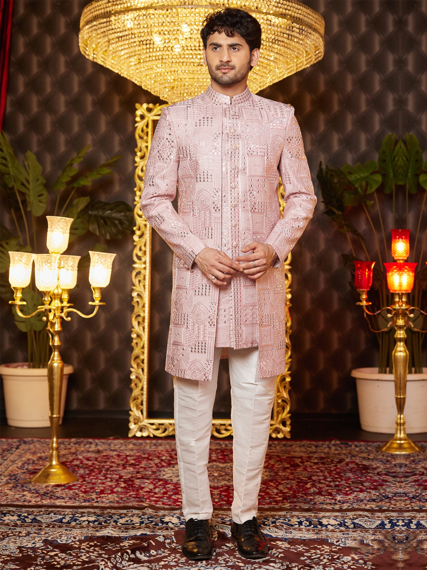 Light Pink Men's Indowestern In Sequins Embroidery