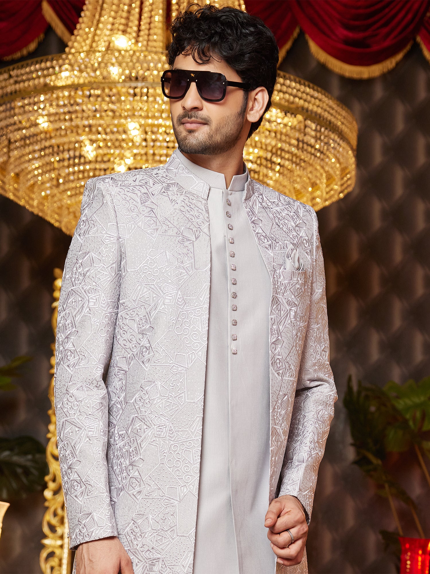 Silver Heavy Embroidered Art Silk Indowestern Set