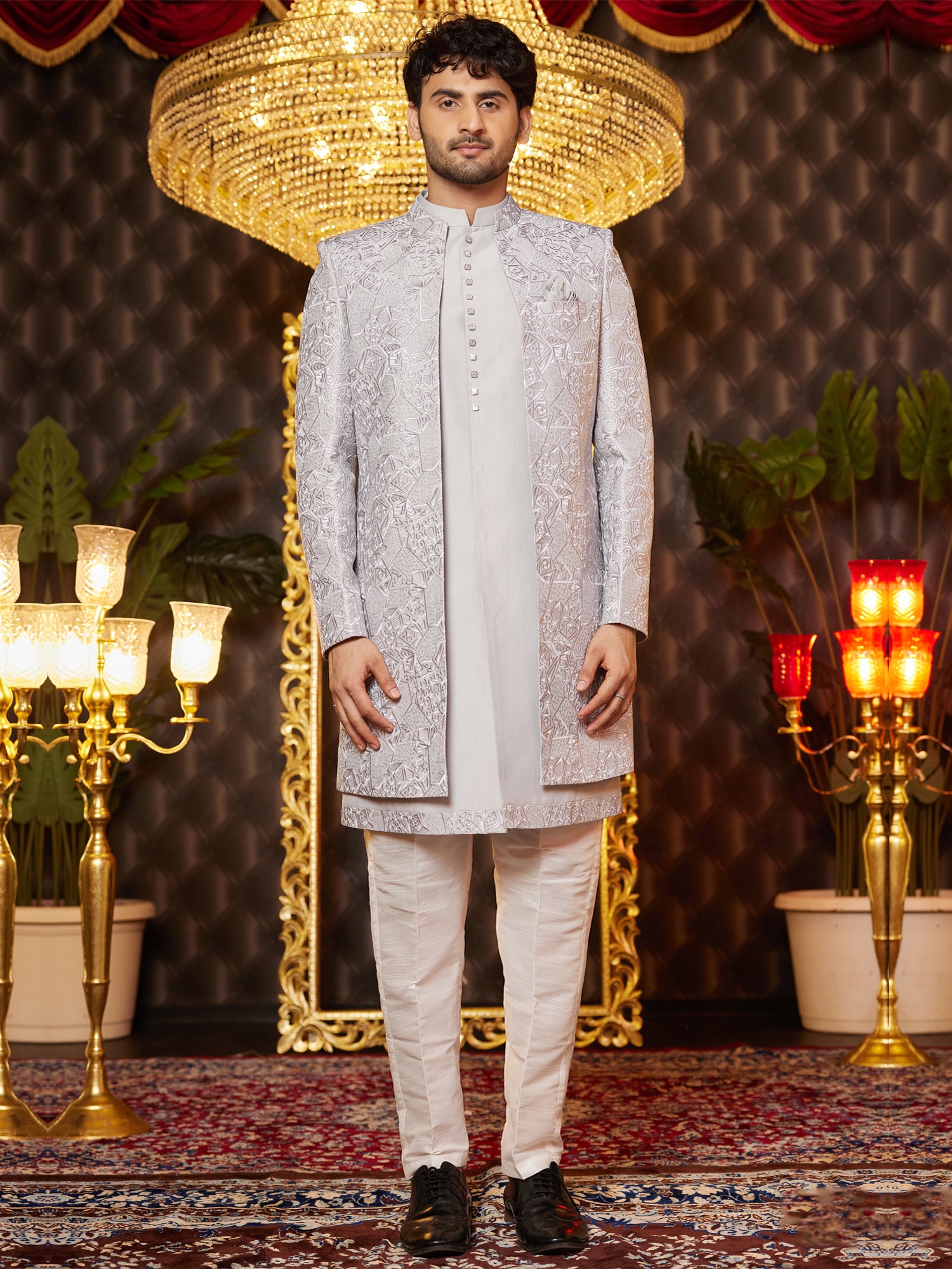 Silver Heavy Embroidered Art Silk Indowestern Set