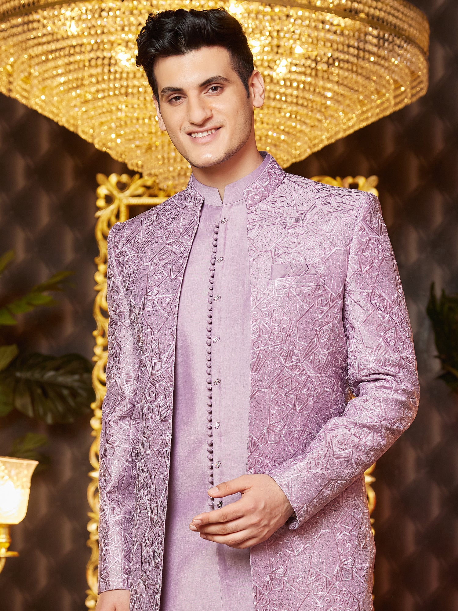 Lilac Jacketed Style Wedding Indowestern In Art Silk