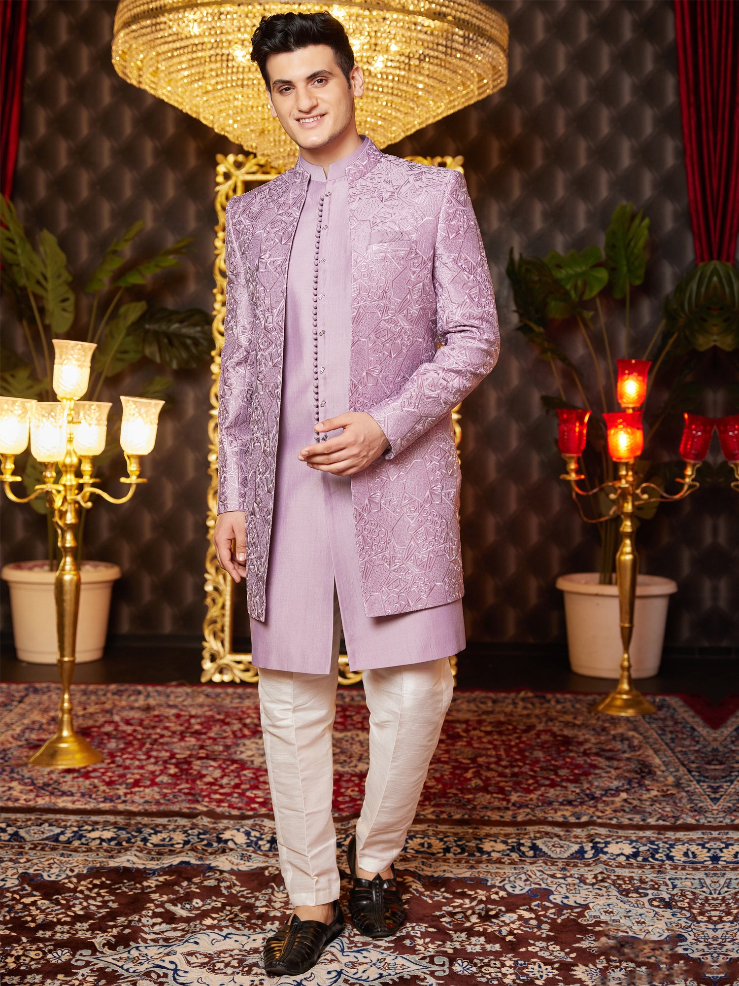Lilac Jacketed Style Wedding Indowestern In Art Silk