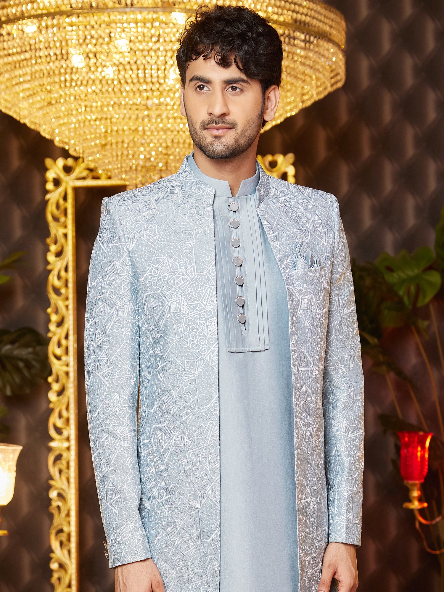 Steel Blue Wedding Indowestern With Open Jacket