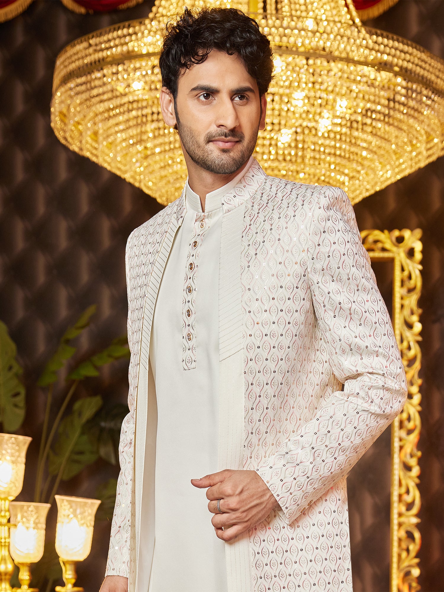 Cream Men's Indowestern In Sequins Embellishment