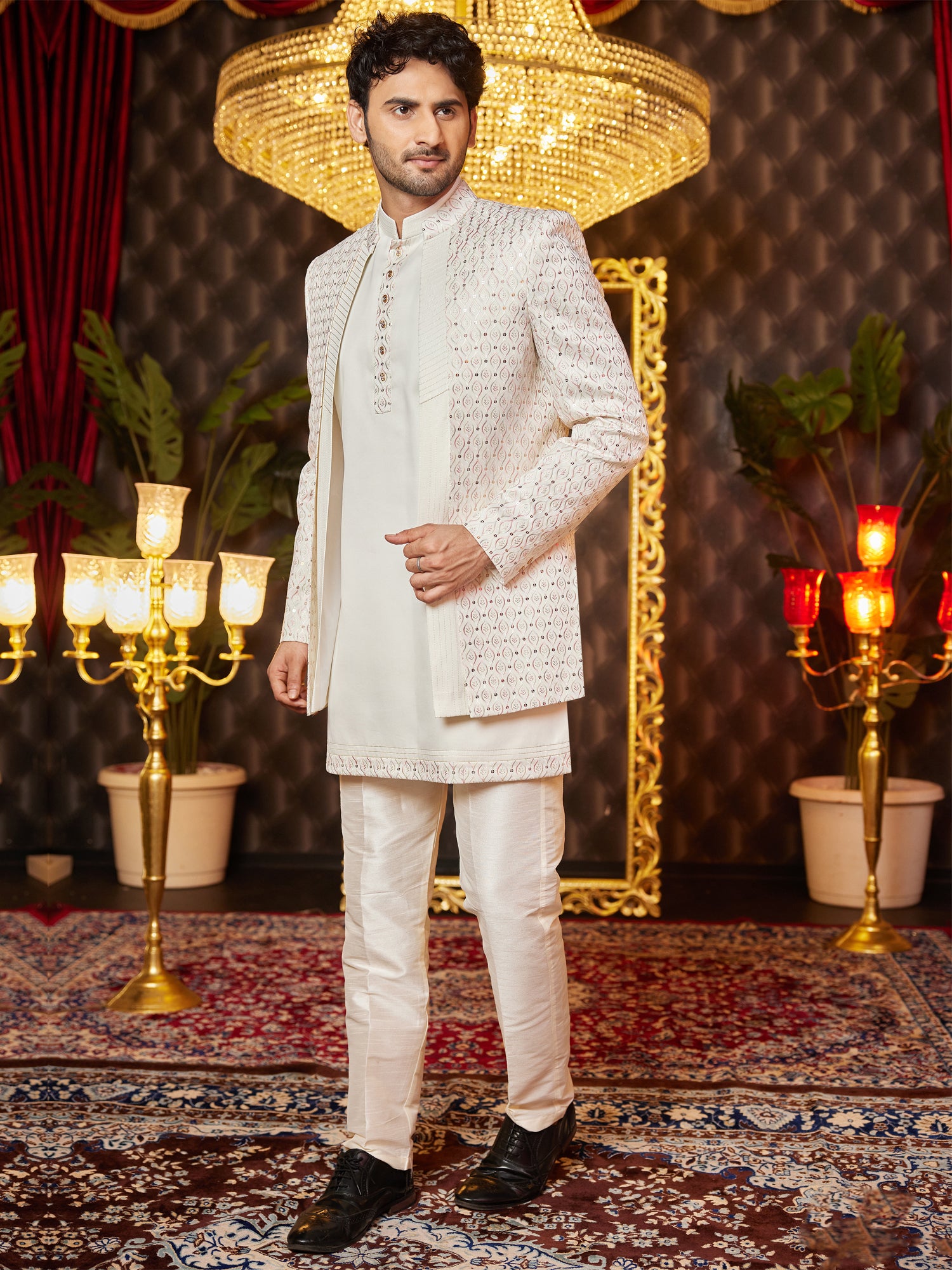 Cream Men's Indowestern In Sequins Embellishment
