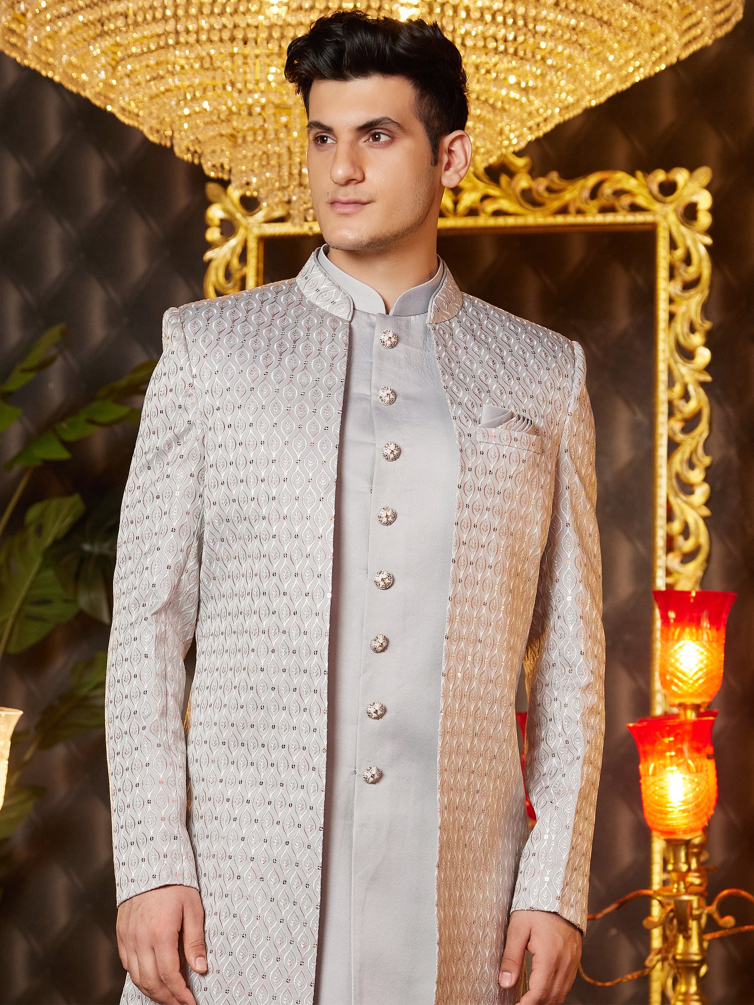 Silver Wedding Indowestern With Embroidered Jacket