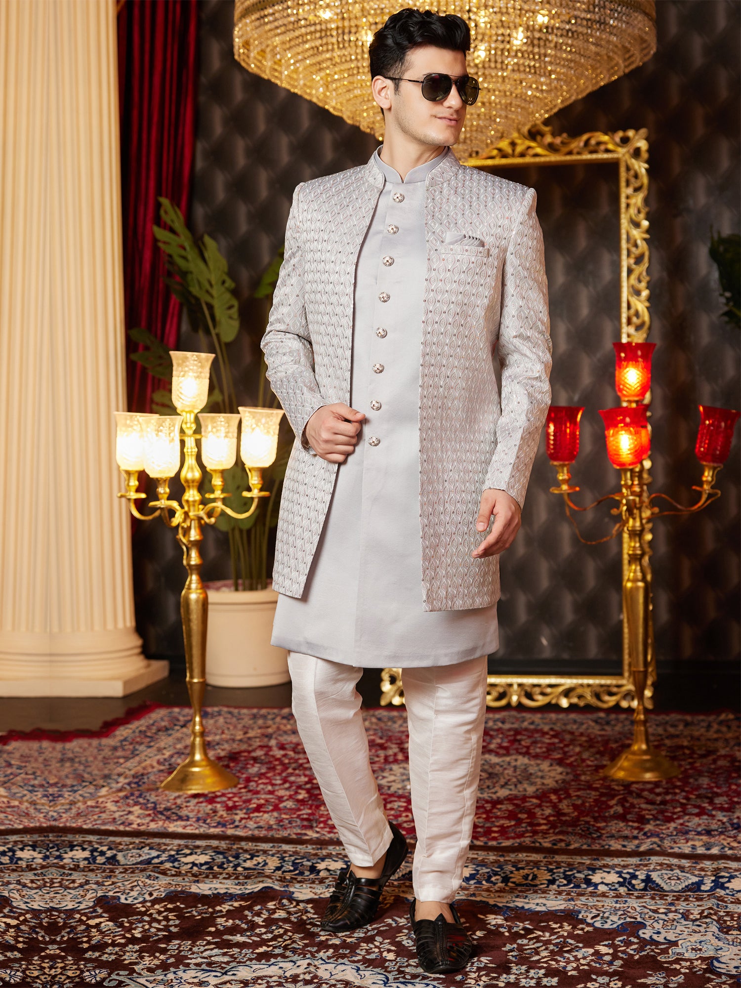 Silver Wedding Indowestern With Embroidered Jacket
