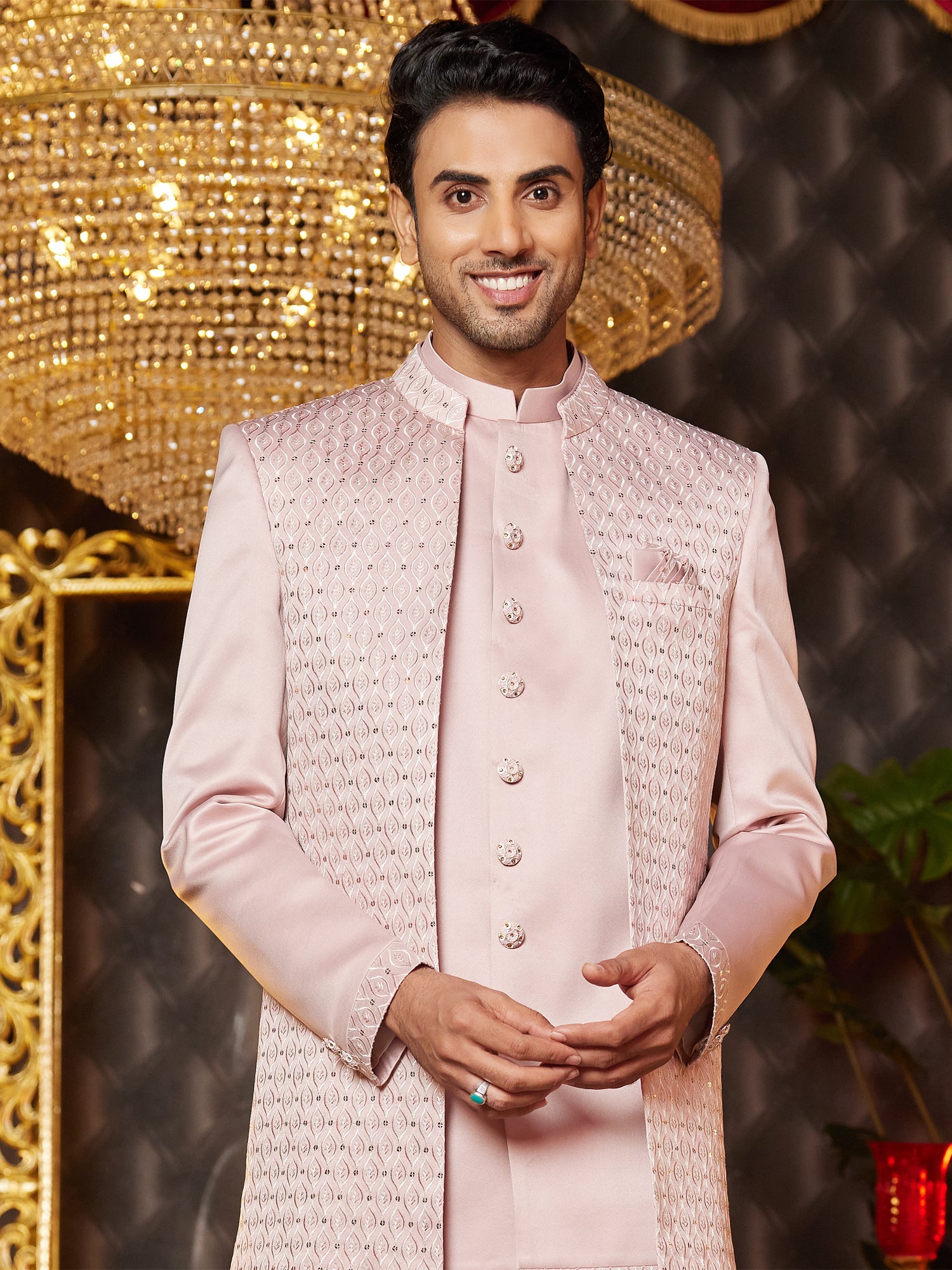 Light Pink Sequins Enhanced Jacketed Style Indowestern