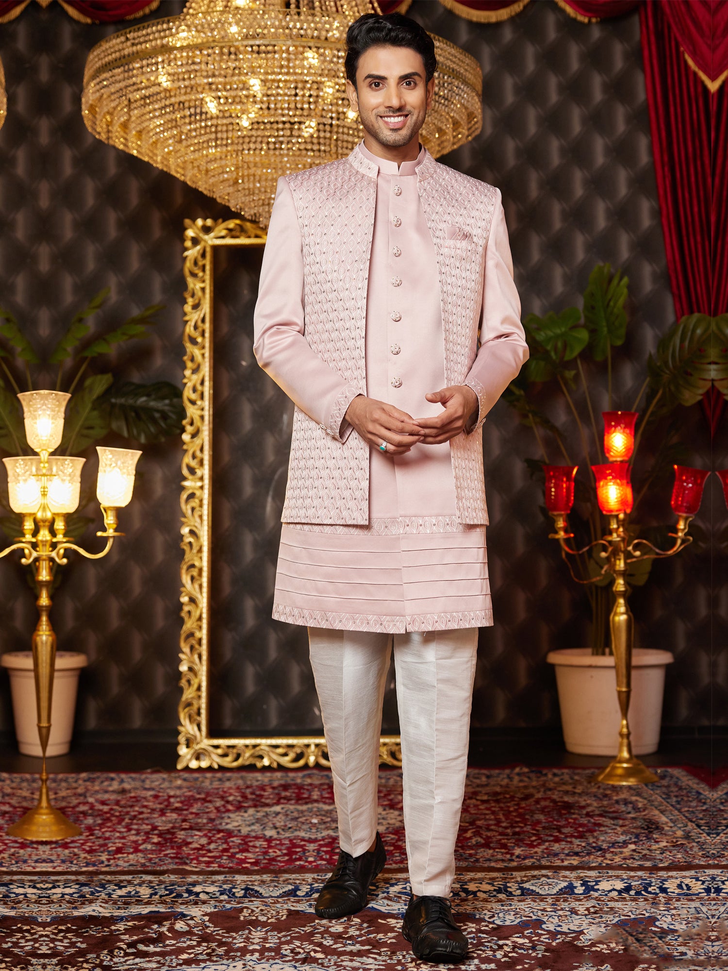 Light Pink Sequins Enhanced Jacketed Style Indowestern