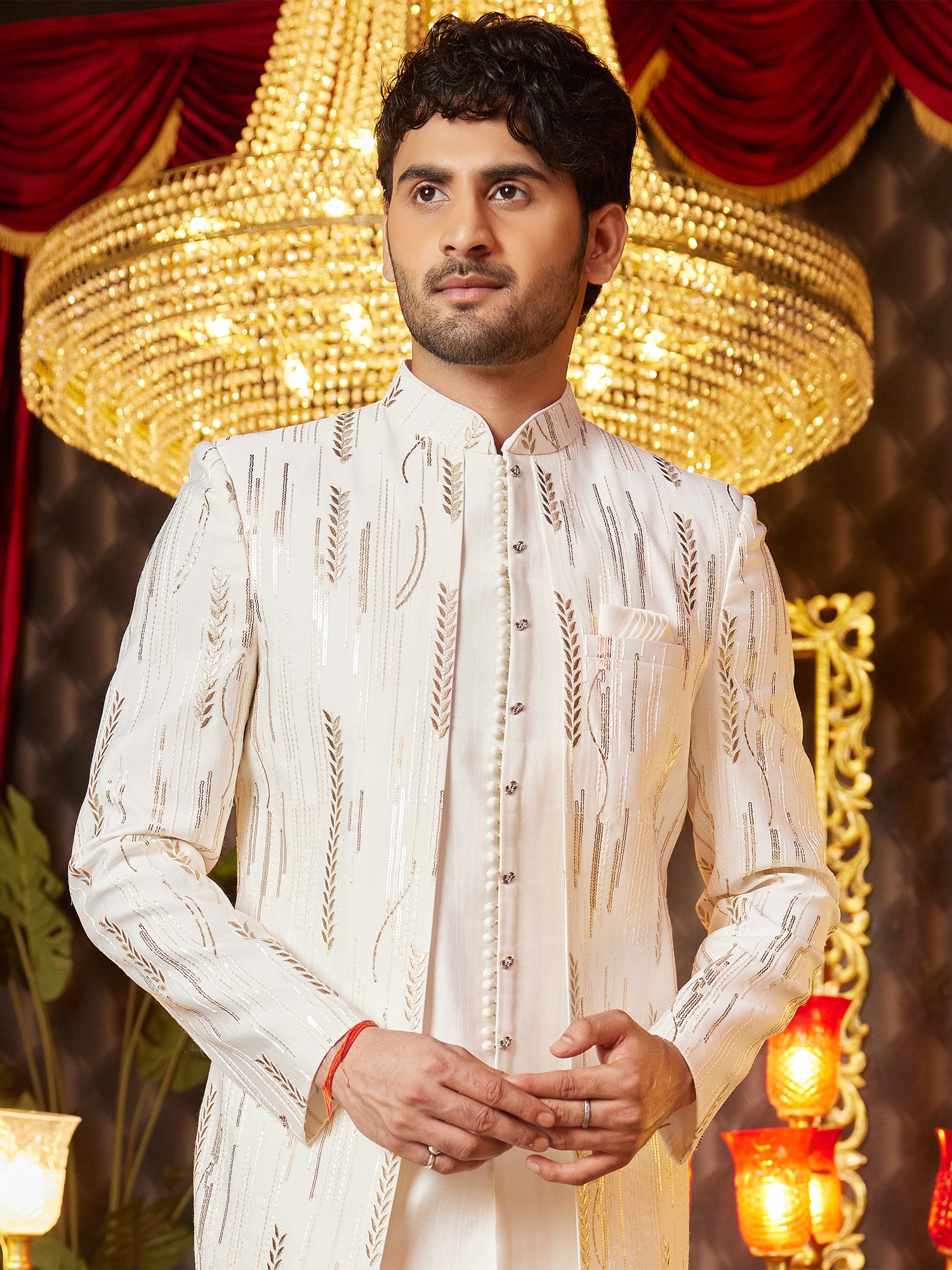 Cream Art Silk Wedding Indowestern Set For Mens