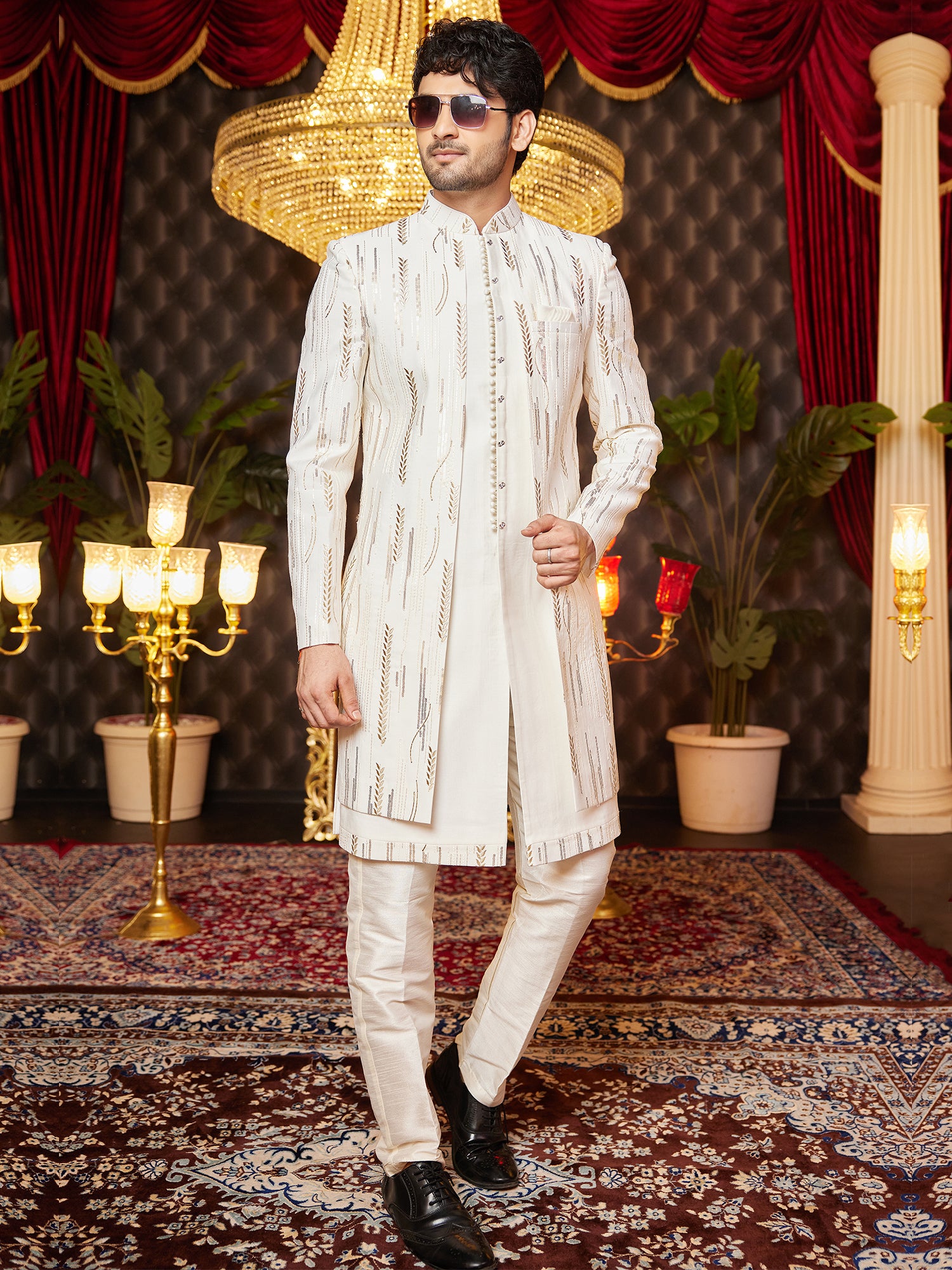 Cream Art Silk Wedding Indowestern Set For Mens