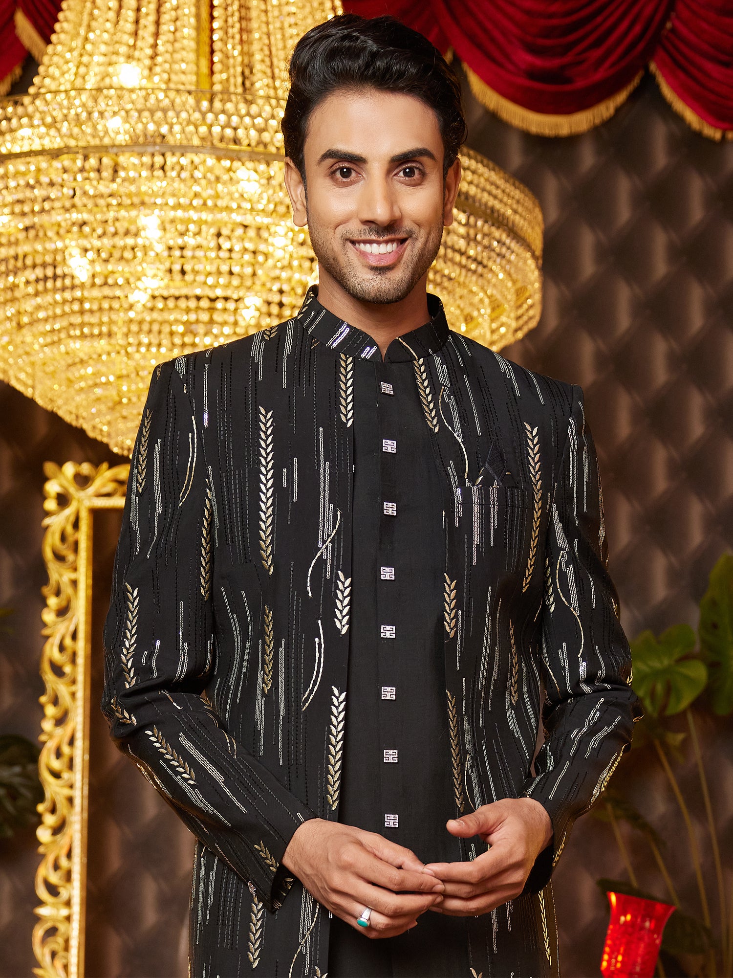 Black Embroidered Indowestern Set For Mens In Silk