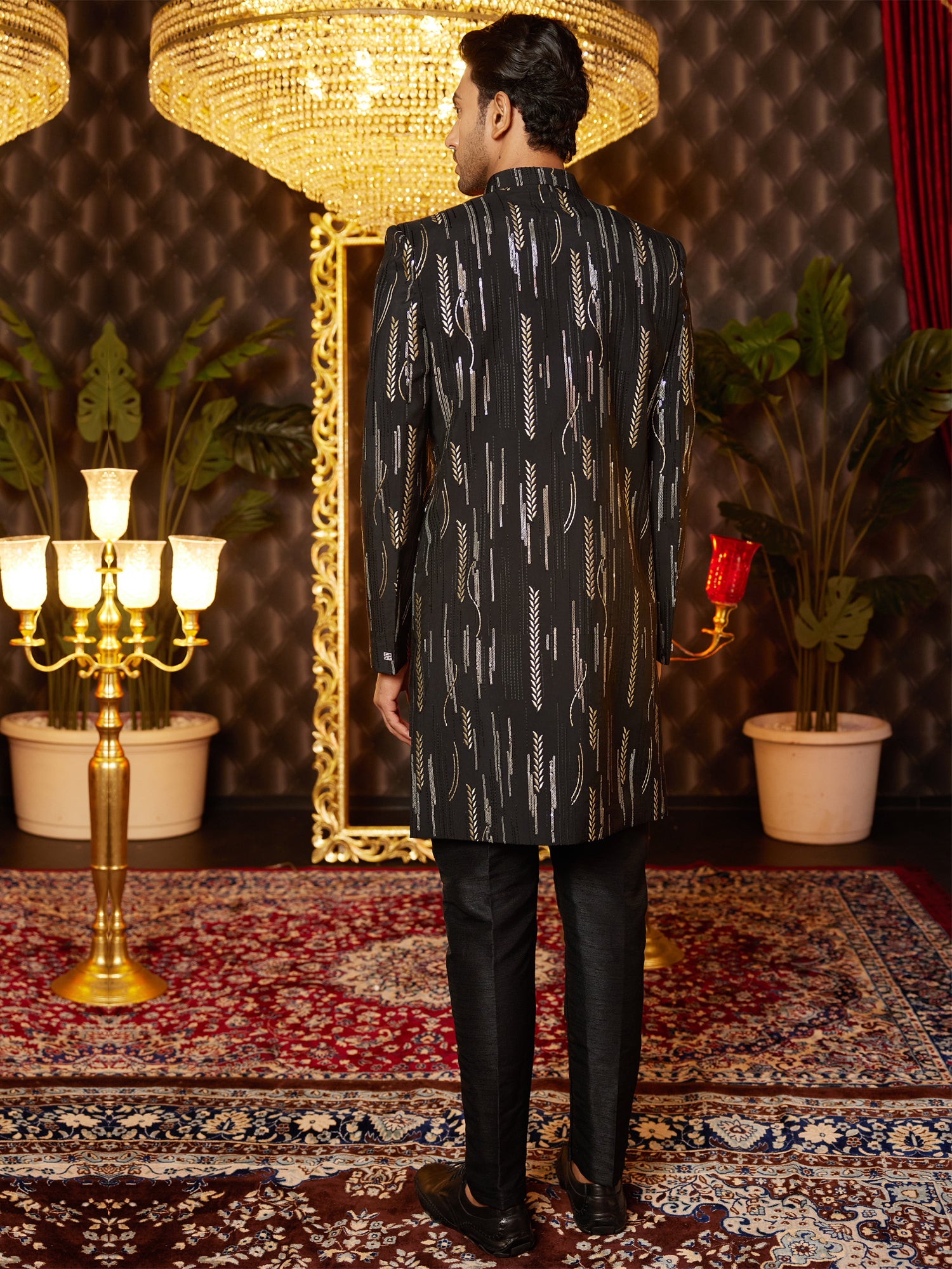Black Embroidered Indowestern Set For Mens In Silk