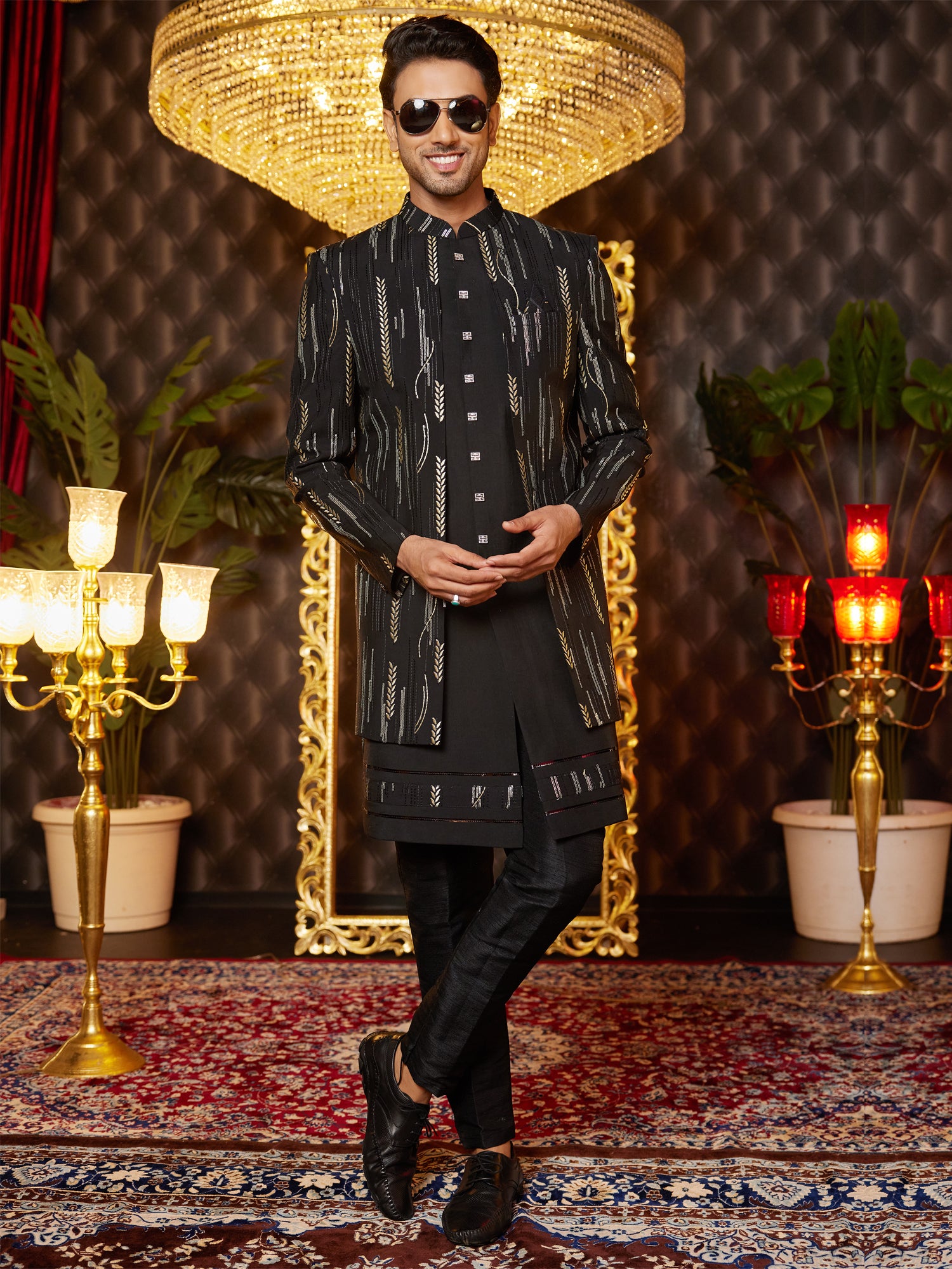 Black Embroidered Indowestern Set For Mens In Silk