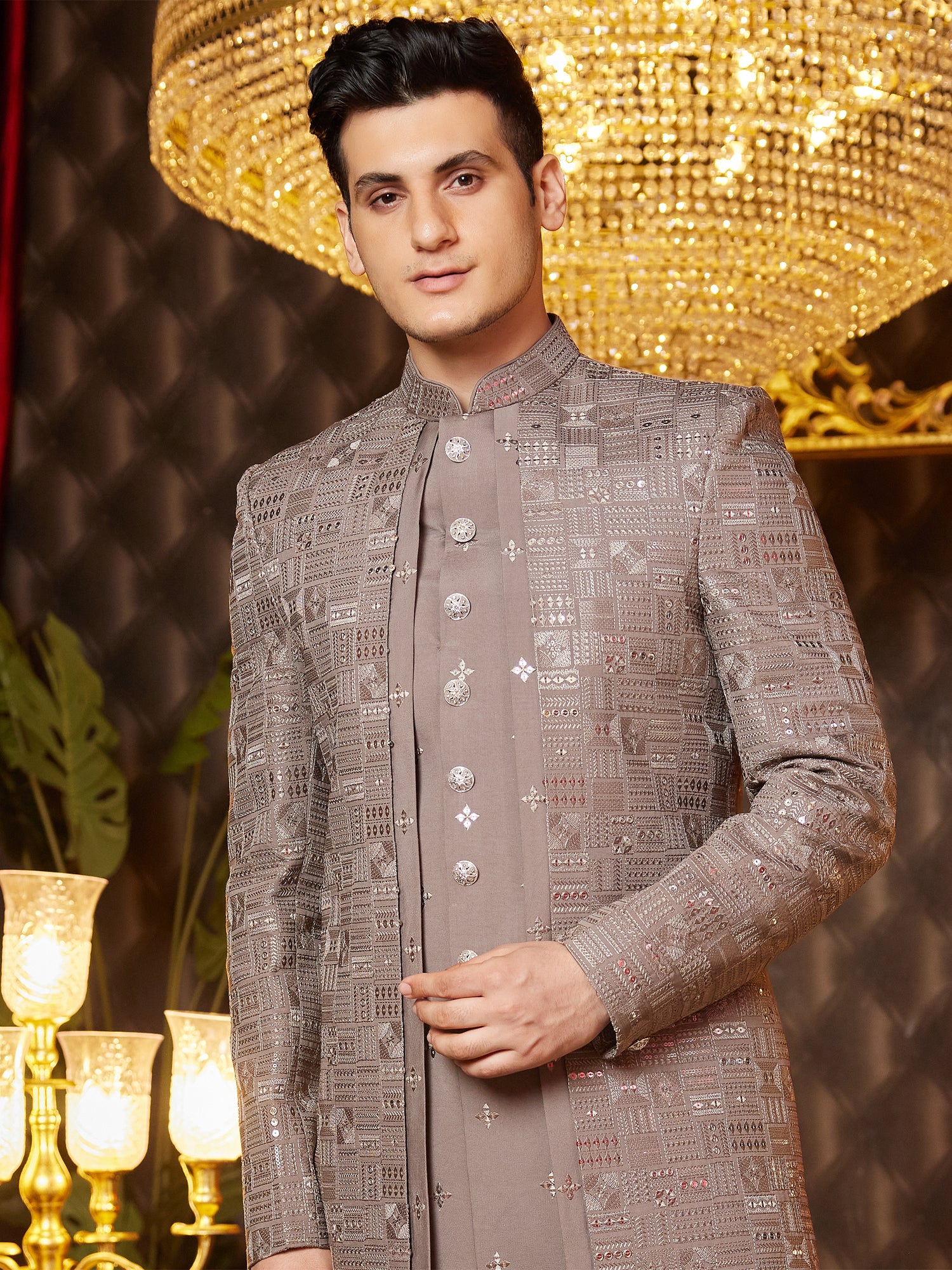 Brown Heavy Sequins Work Indowestern Set For Mens