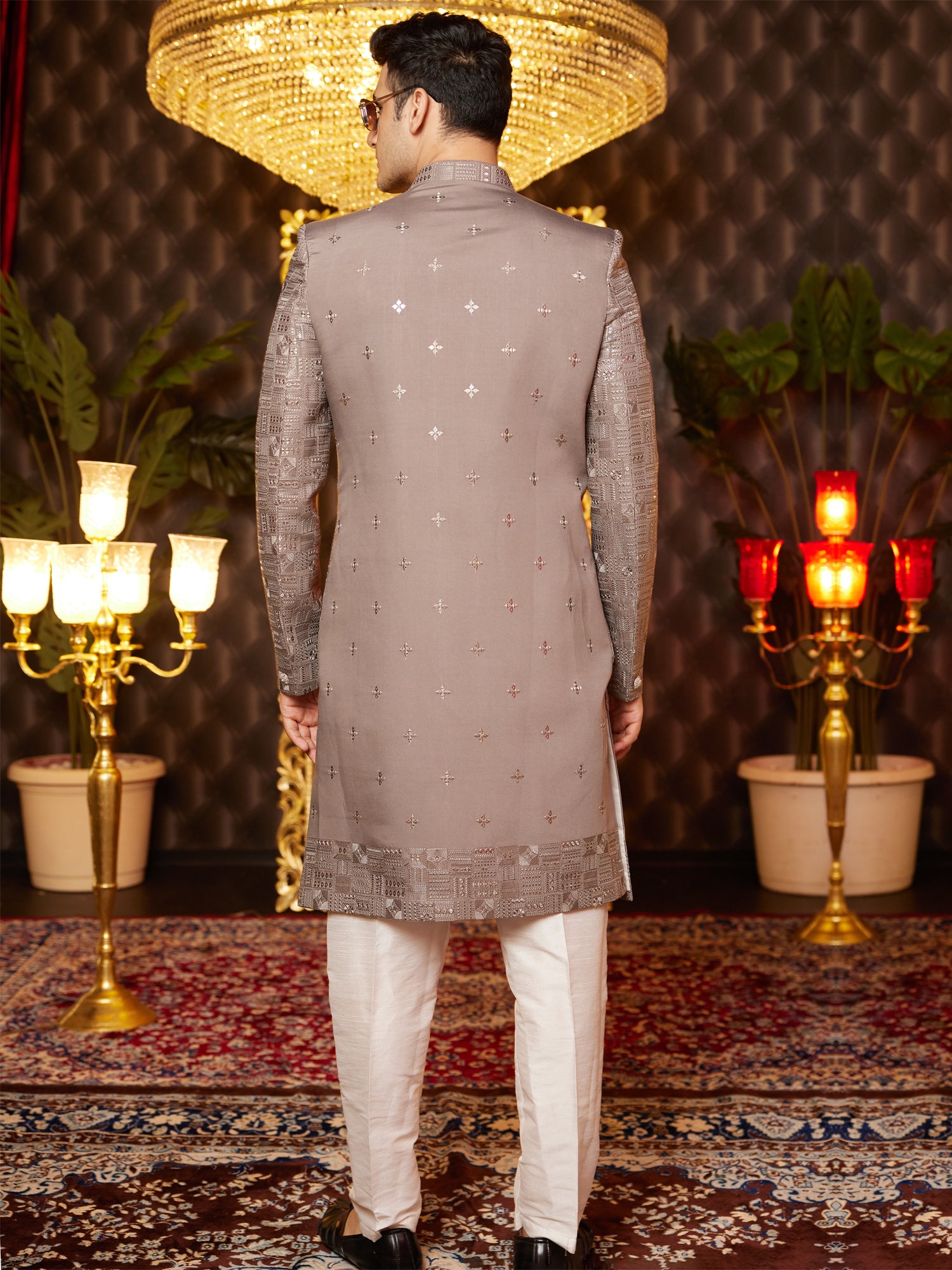 Brown Heavy Sequins Work Indowestern Set For Mens
