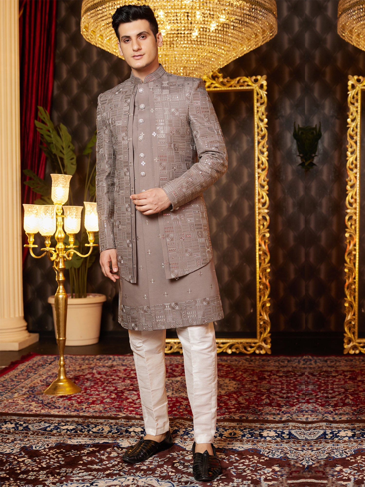 Brown Heavy Sequins Work Indowestern Set For Mens