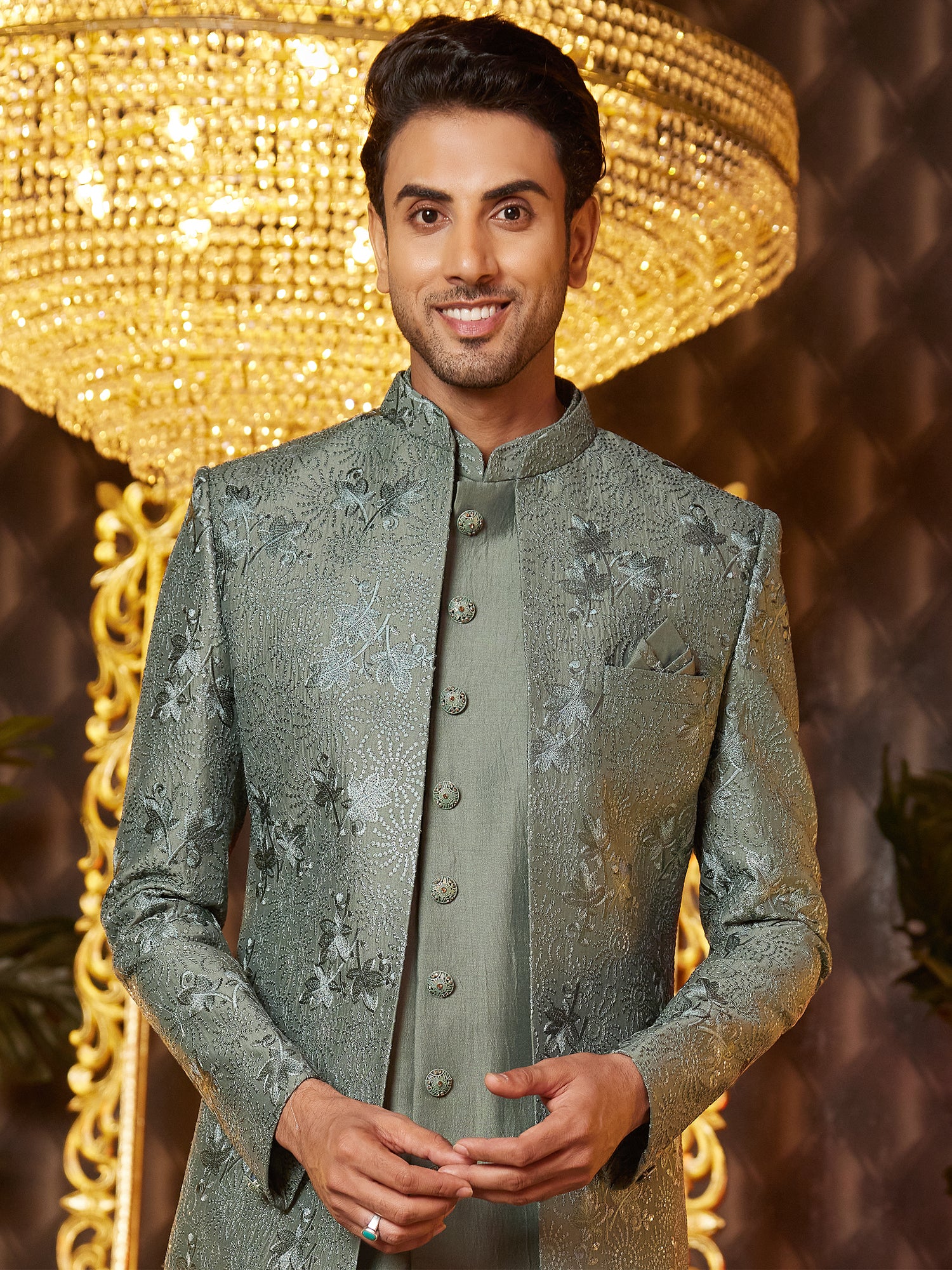 Green Mens Indowestern With Embroidered Open Jacket
