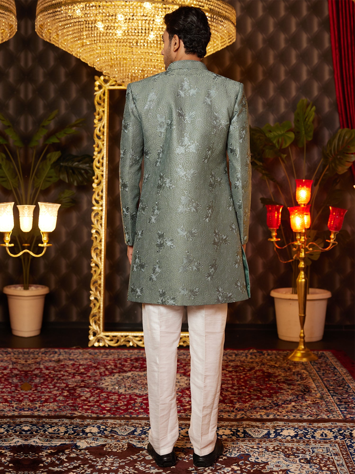 Green Mens Indowestern With Embroidered Open Jacket
