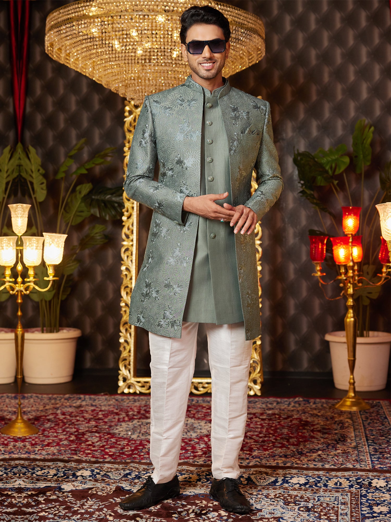 Green Mens Indowestern With Embroidered Open Jacket