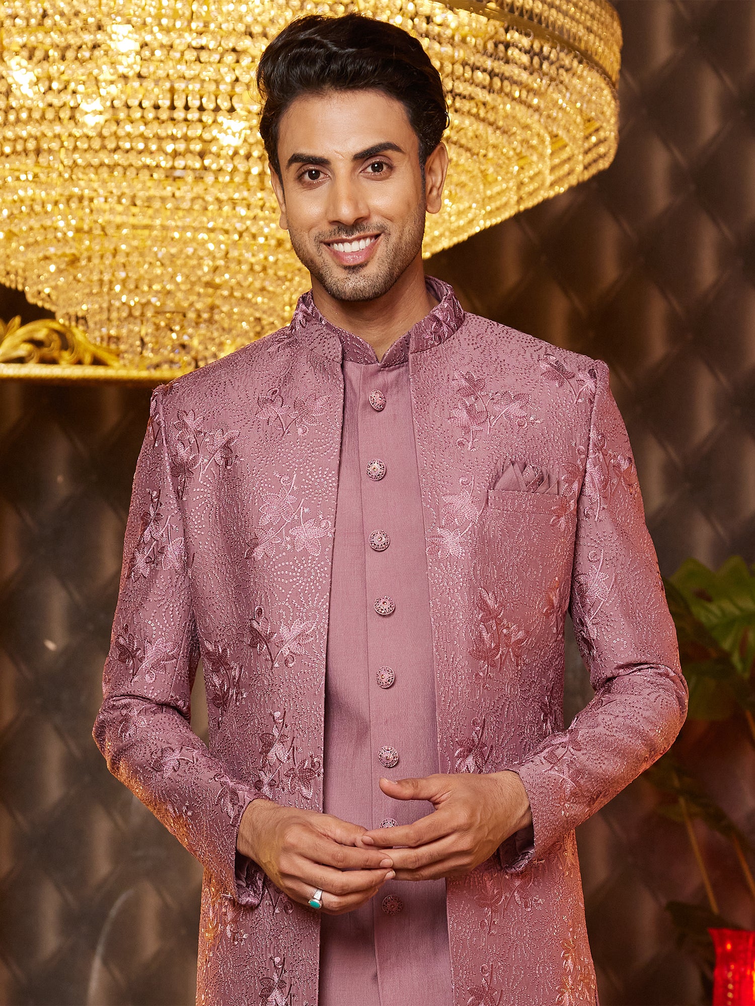 Pink Embroidered Jacketed Style Mens Indowestern Set In Silk