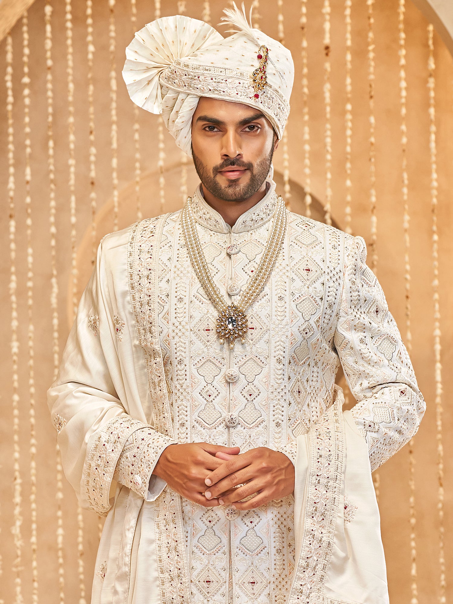 Off White Embroidered Groom's Sherwani In Silk