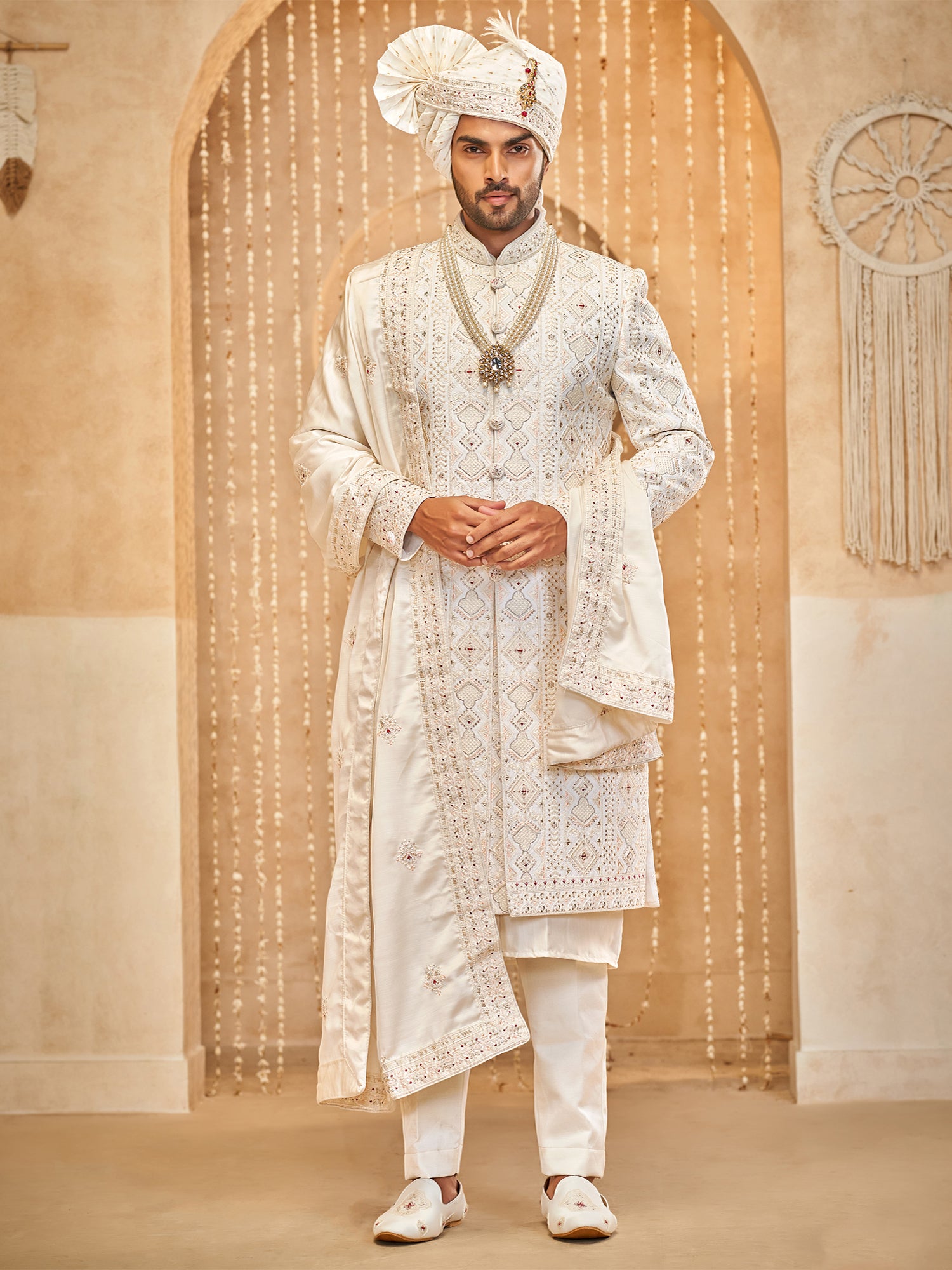 Off White Embroidered Groom's Sherwani In Silk