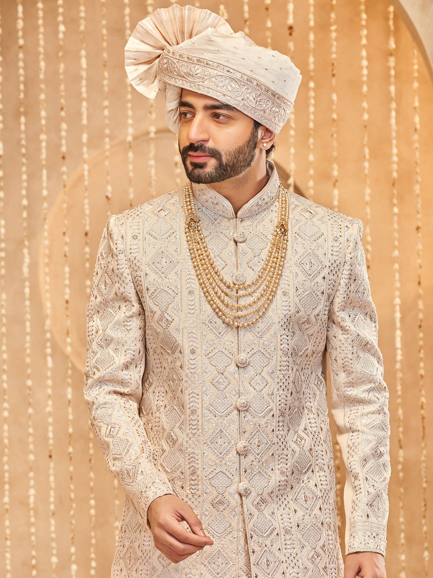 Cream Sequins Embellished Silk Sherwani For Men