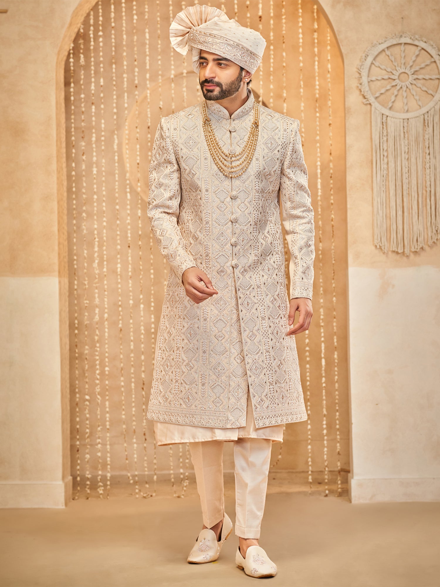 Cream Sequins Embellished Silk Sherwani For Men