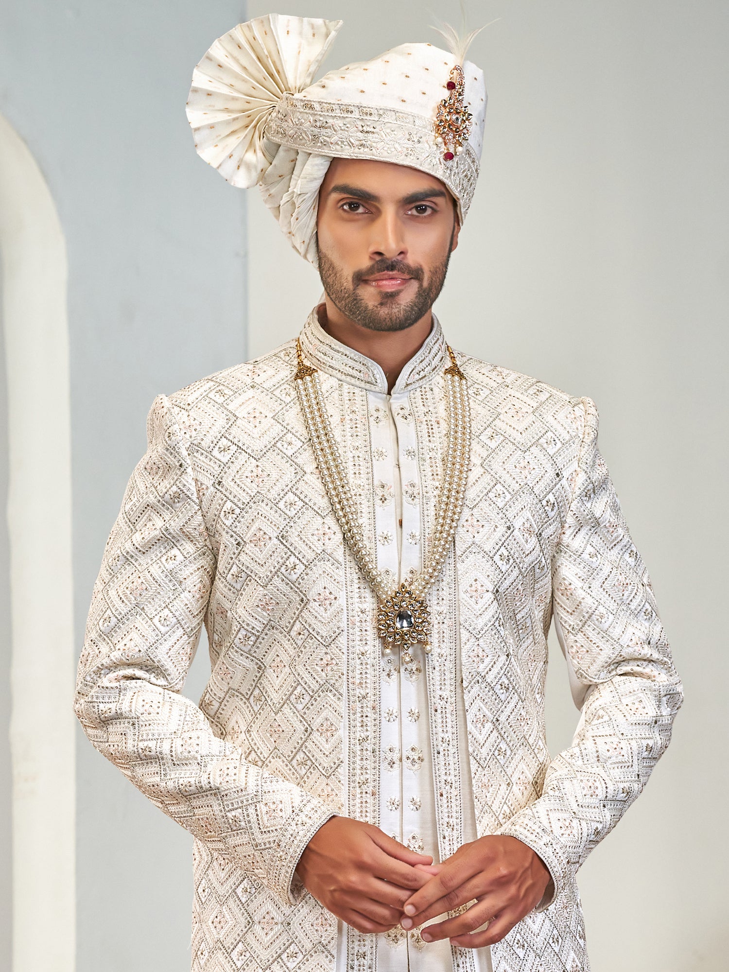 White Layered Sherwani In Thread Embellishment