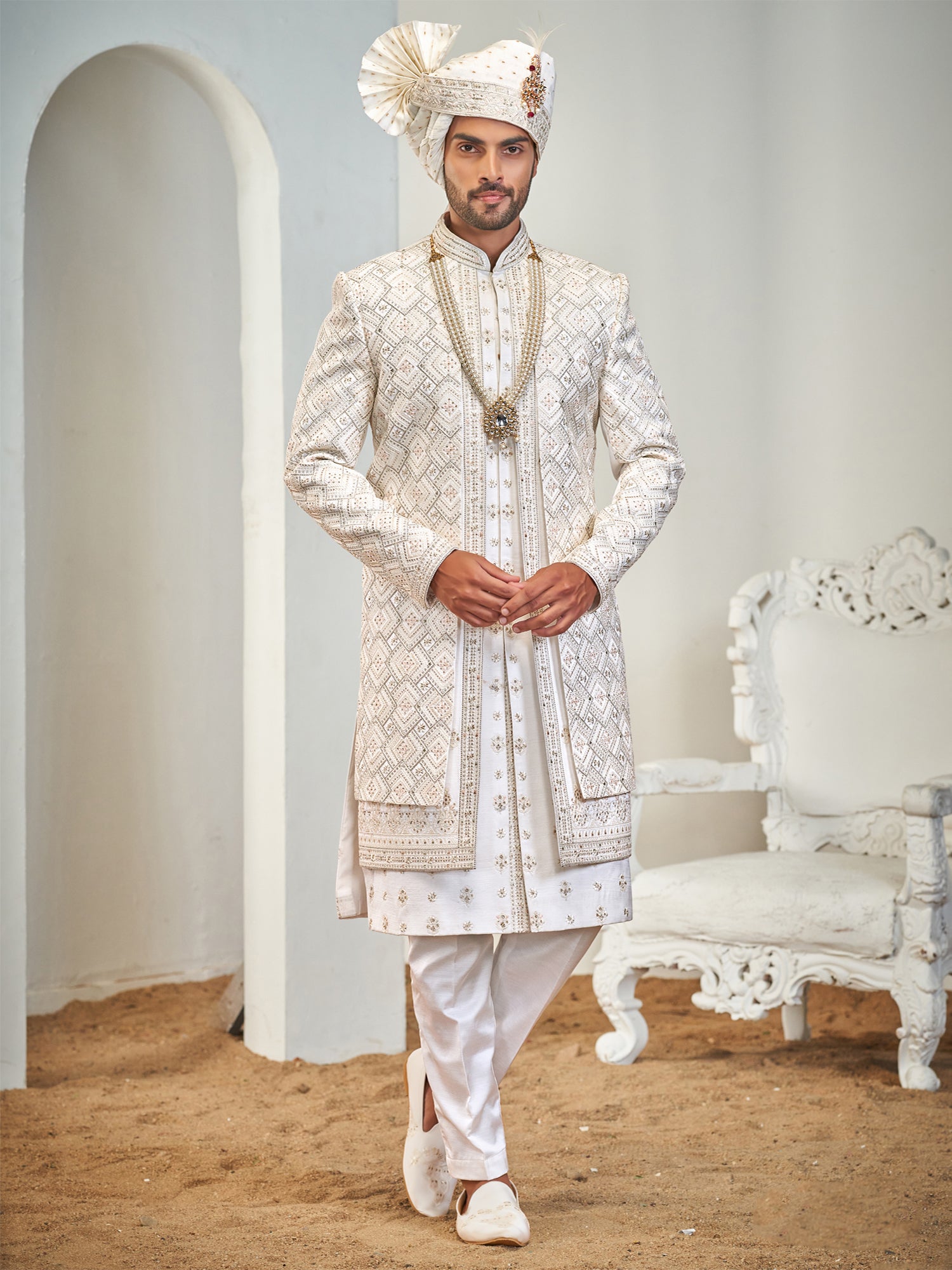 White Layered Sherwani In Thread Embellishment