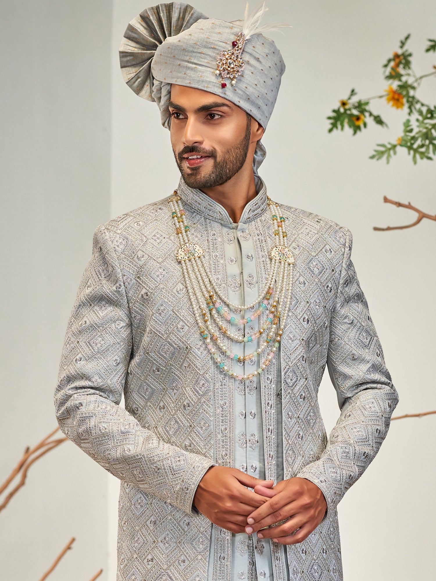 Grey Menswear Sherwani In Heavy Thread Work