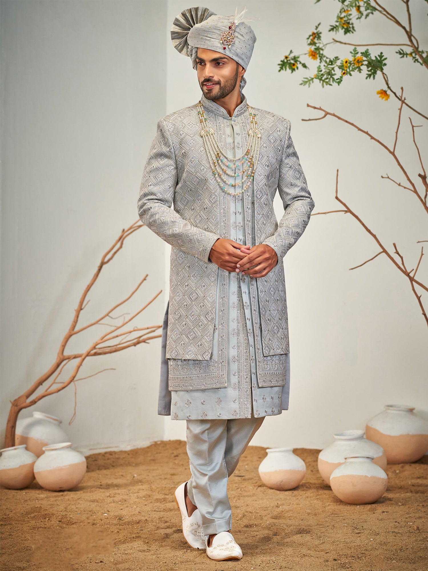 Grey Menswear Sherwani In Heavy Thread Work