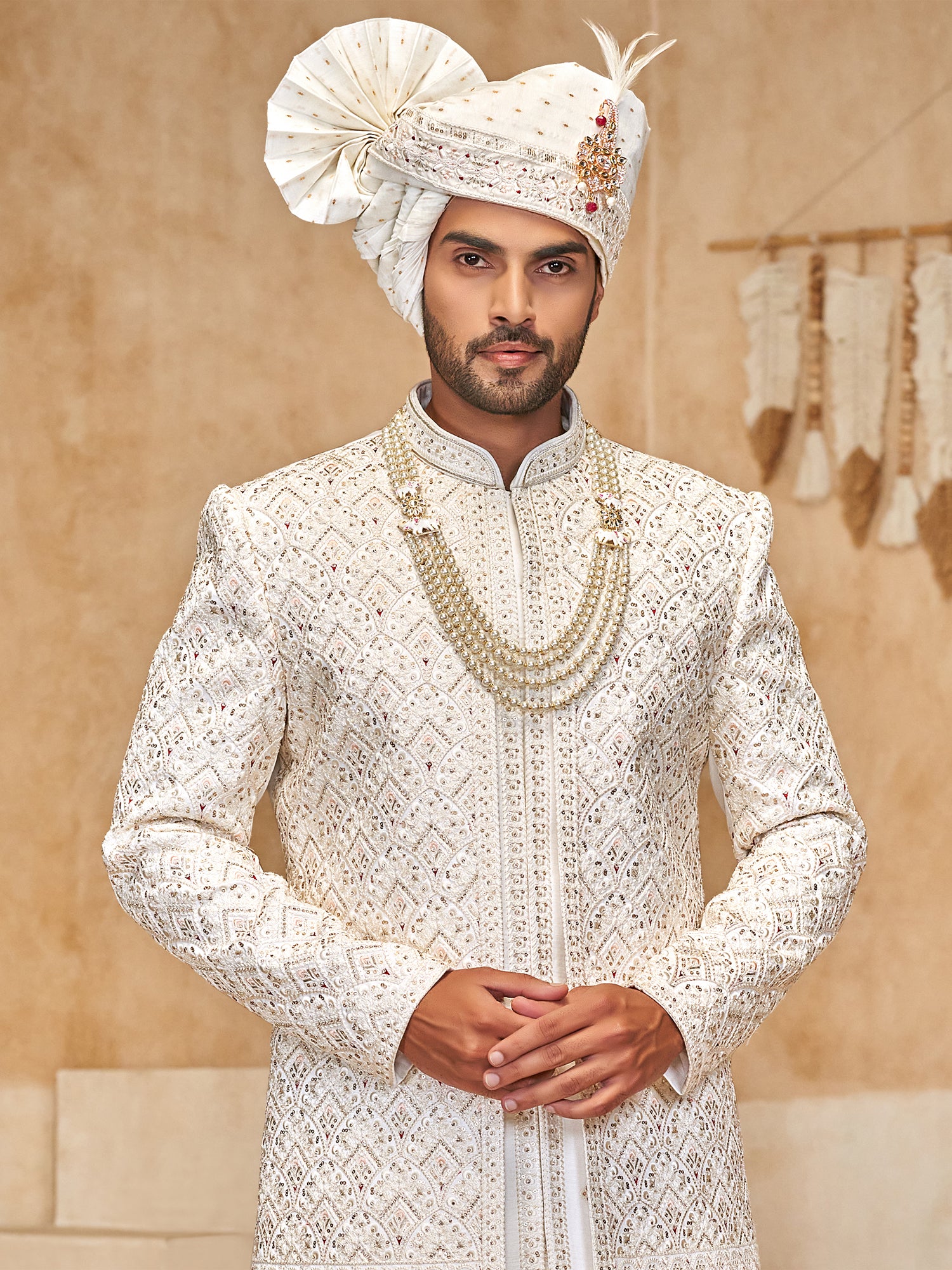 White Sequins Embellished Mens Sherwani Set