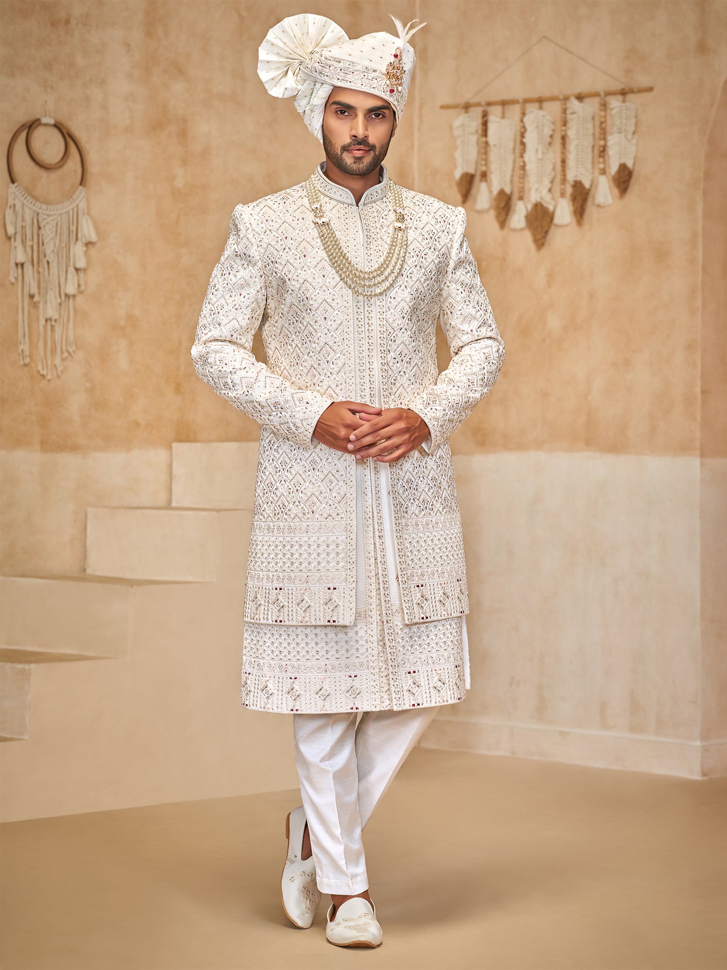 White Sequins Embellished Mens Sherwani Set