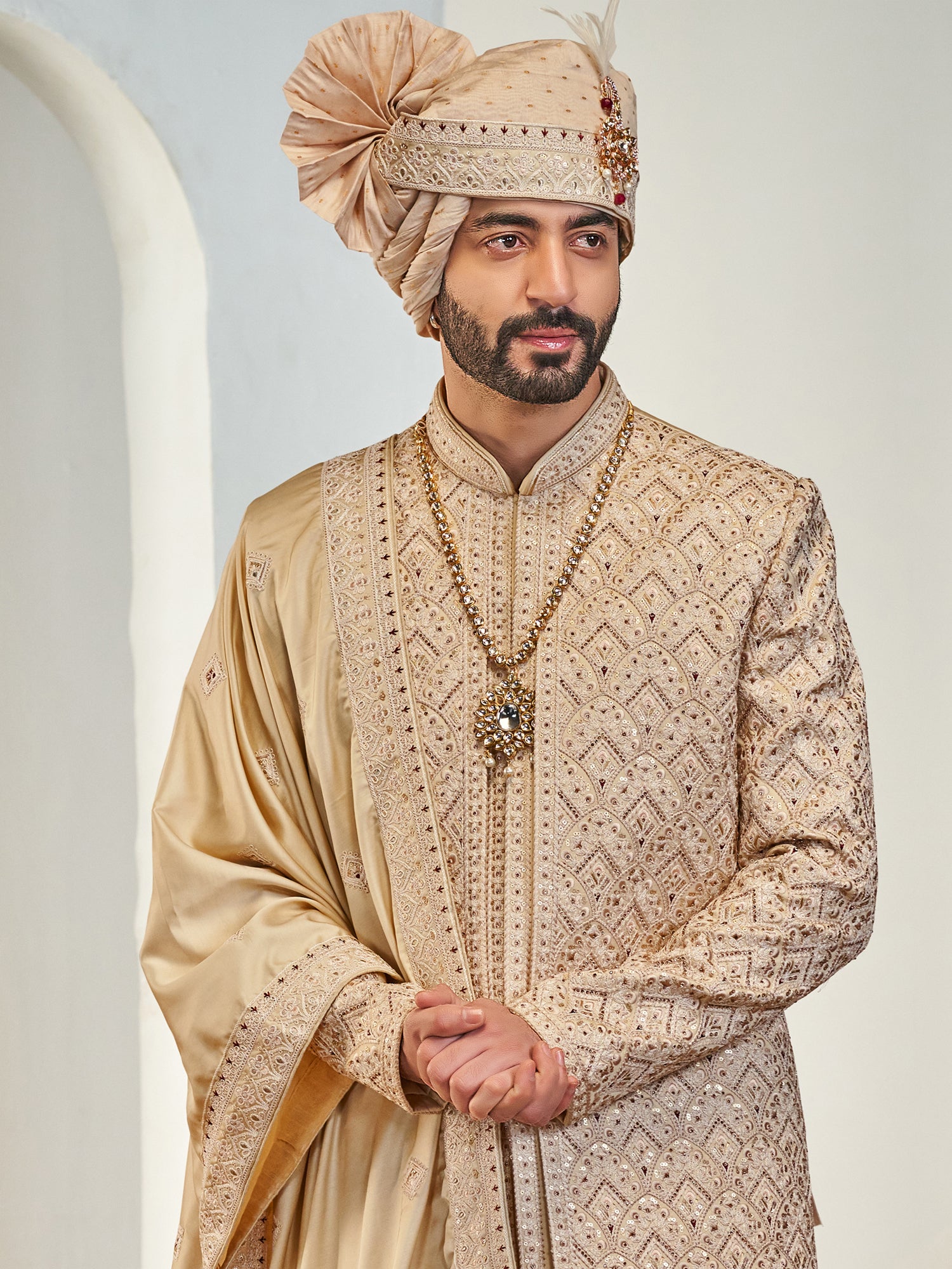 Golden Layered Wedding Sherwani With Stole