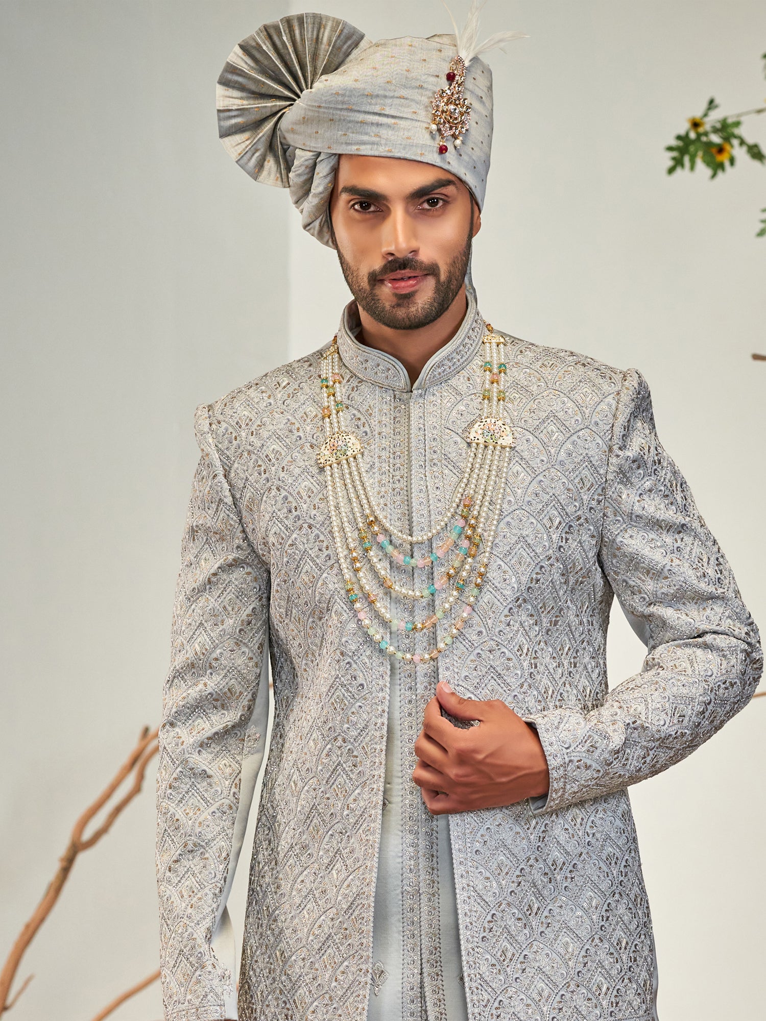 Grey Silk Wedding Sherwani In Thread Embroidery