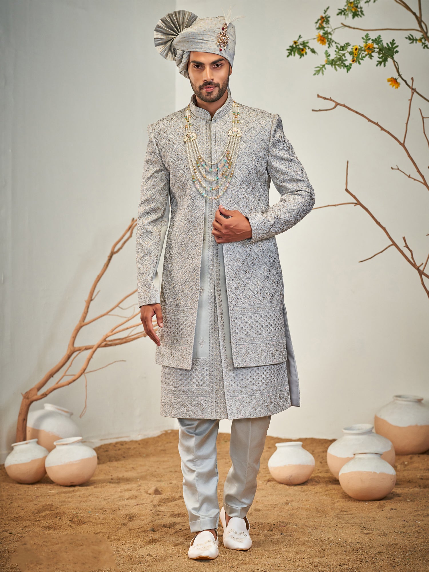 Grey Silk Wedding Sherwani In Thread Embroidery