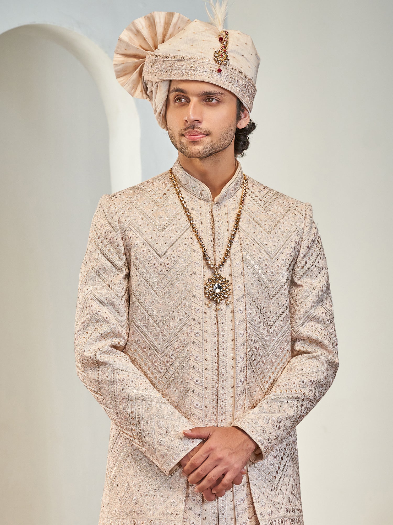 Cream Men's Embroidered Layered Sherwani In Silk